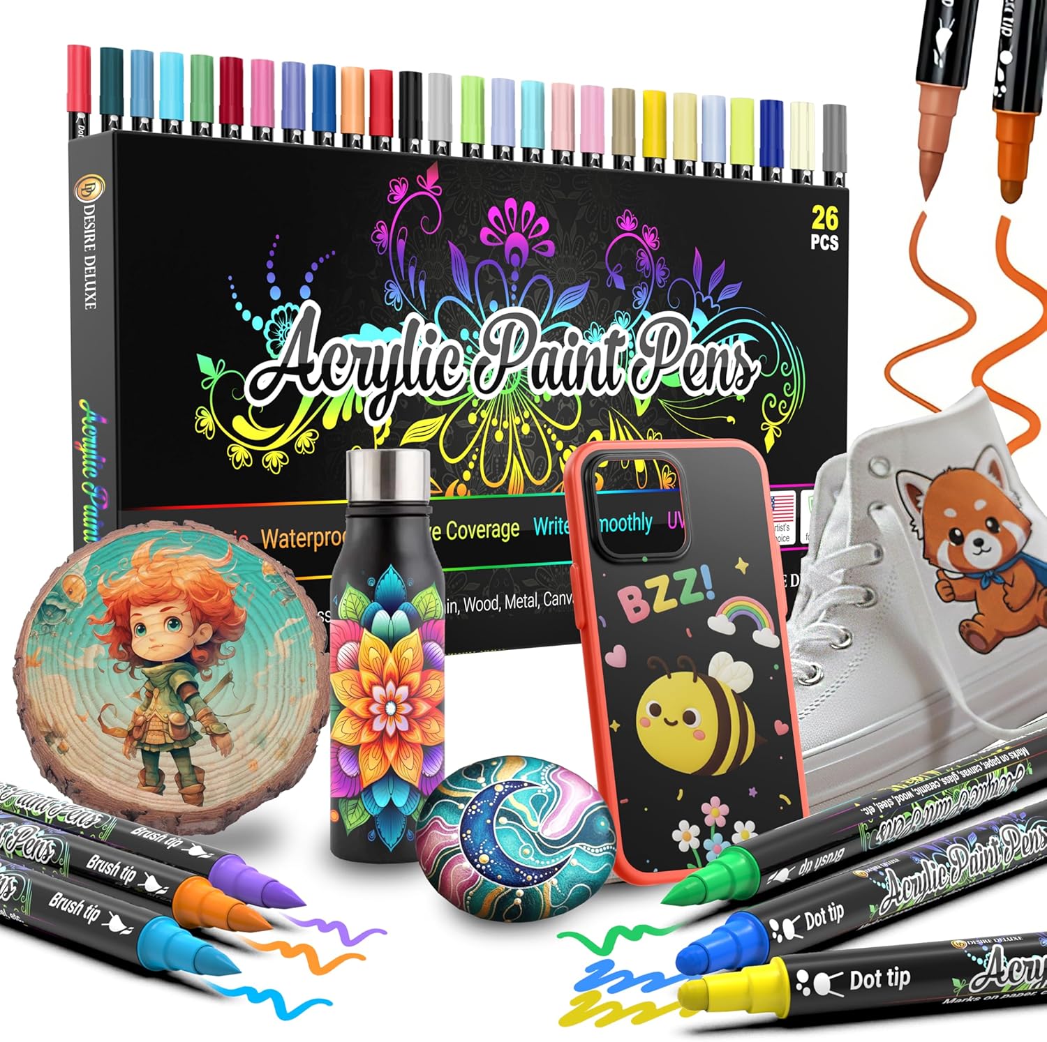 Desire Deluxe Acrylic Paint Pens for Rock Painting, Stone, Ceramic, Glass, Wood, Canvas – Set of 26 Non Toxic Water Based Markers - Great Artists Painting Supplies (Dual Tip Multicolor, 26)