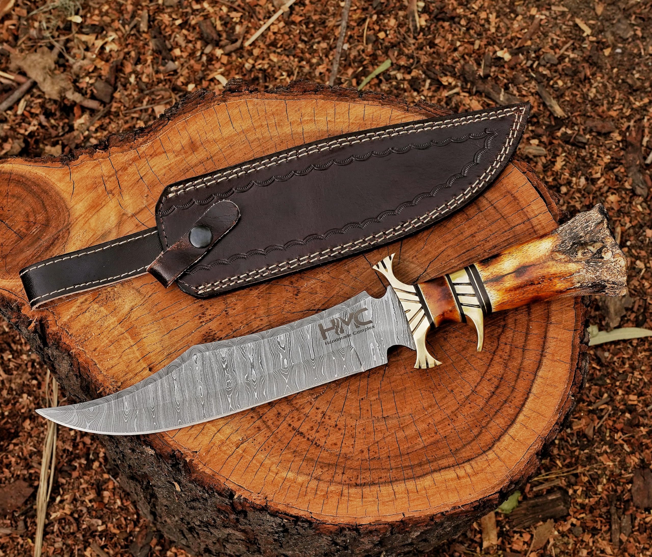 15" Handmade Damascus Steel Hunting Knife, Hand Forged Damascus Steel Fixed Blade Bowie Knife, Fix, Genuine Leather Sheath, Camel Bone Handle Firm Grip (Brown B)
