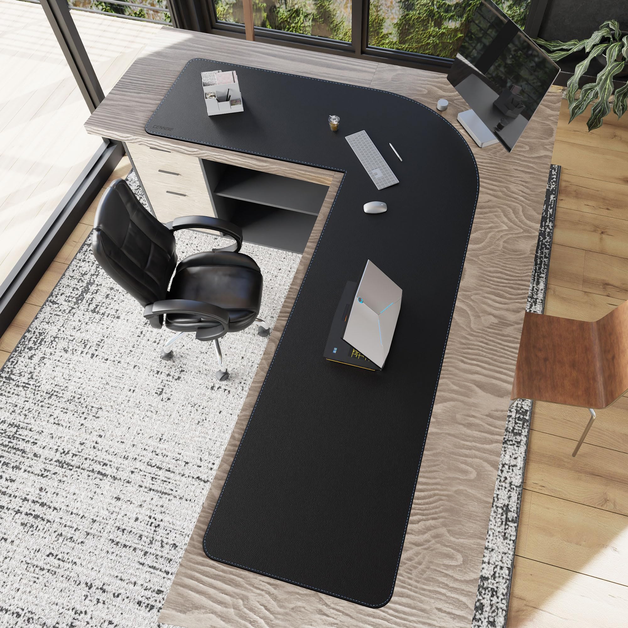 CENNBIE Sottomano doppio a forma di L, in pelle, (157 + 220) x 60 cm, colore nero