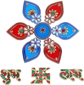 طقم رانغولي زهور أكريليك متعدد الألوان مع ملصق رانغولي تقليدي مصنوع يدويًا من شوب لاب ديكور بوجا هندي للمنزل هدية ديوالي ديكور زفاف هدية تدفئة المنزل - STB01