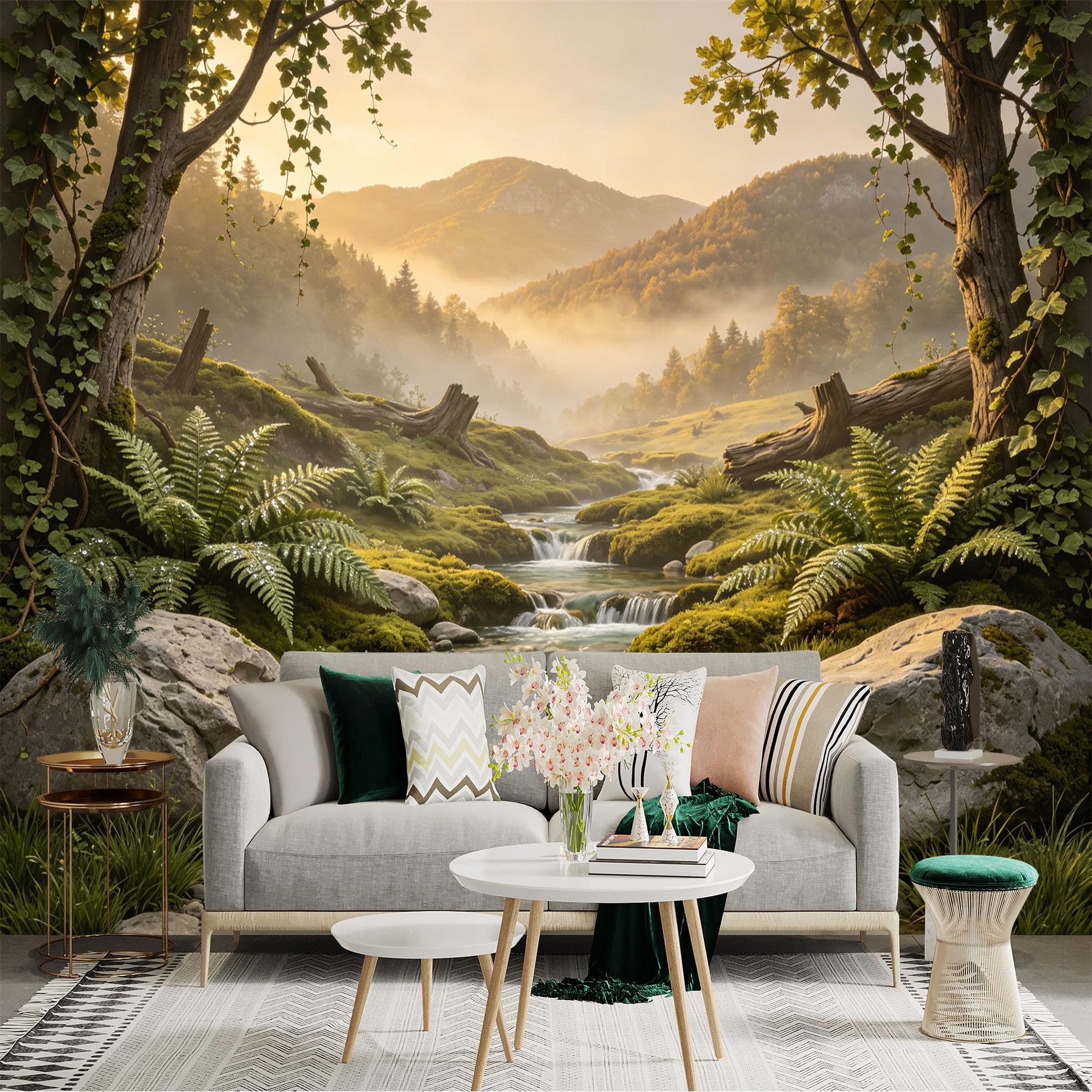 Custom Size Wall Sticker Mural， Sunrise Forest Stream with Mountains and Green Ferns， for wall Decoration， peelandstick wall Decals.