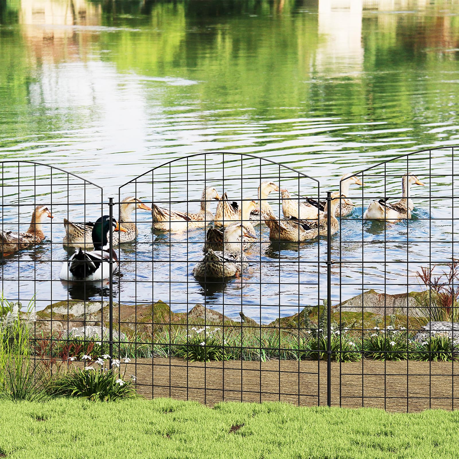 WOLTU Clôture de Jardin, Clôture Décorative, 10 Panneaux Métalliques à Connecter avec Piquet de Terre, en Grille, 78x70 cm, en Forme Arc, Noir