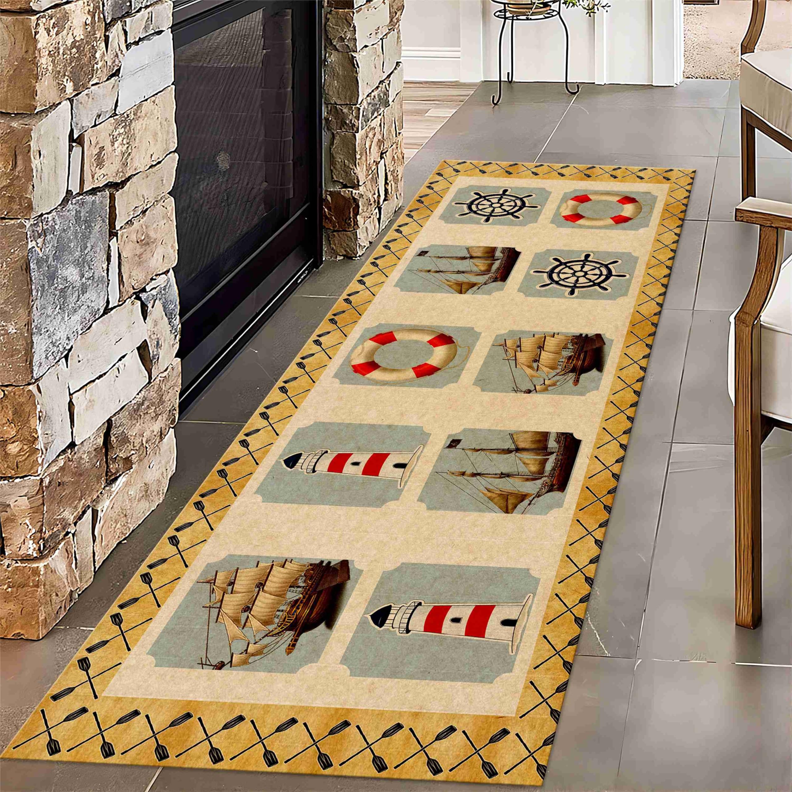 Puyosvr Coastal Marine Runner Rugs,2.6x7ft,Navy Ship Sail Steering Wheel Lighthouse Lifebuoy Rugs,Naturals Area Nautical Scene Hallway Carpet,Rustic
