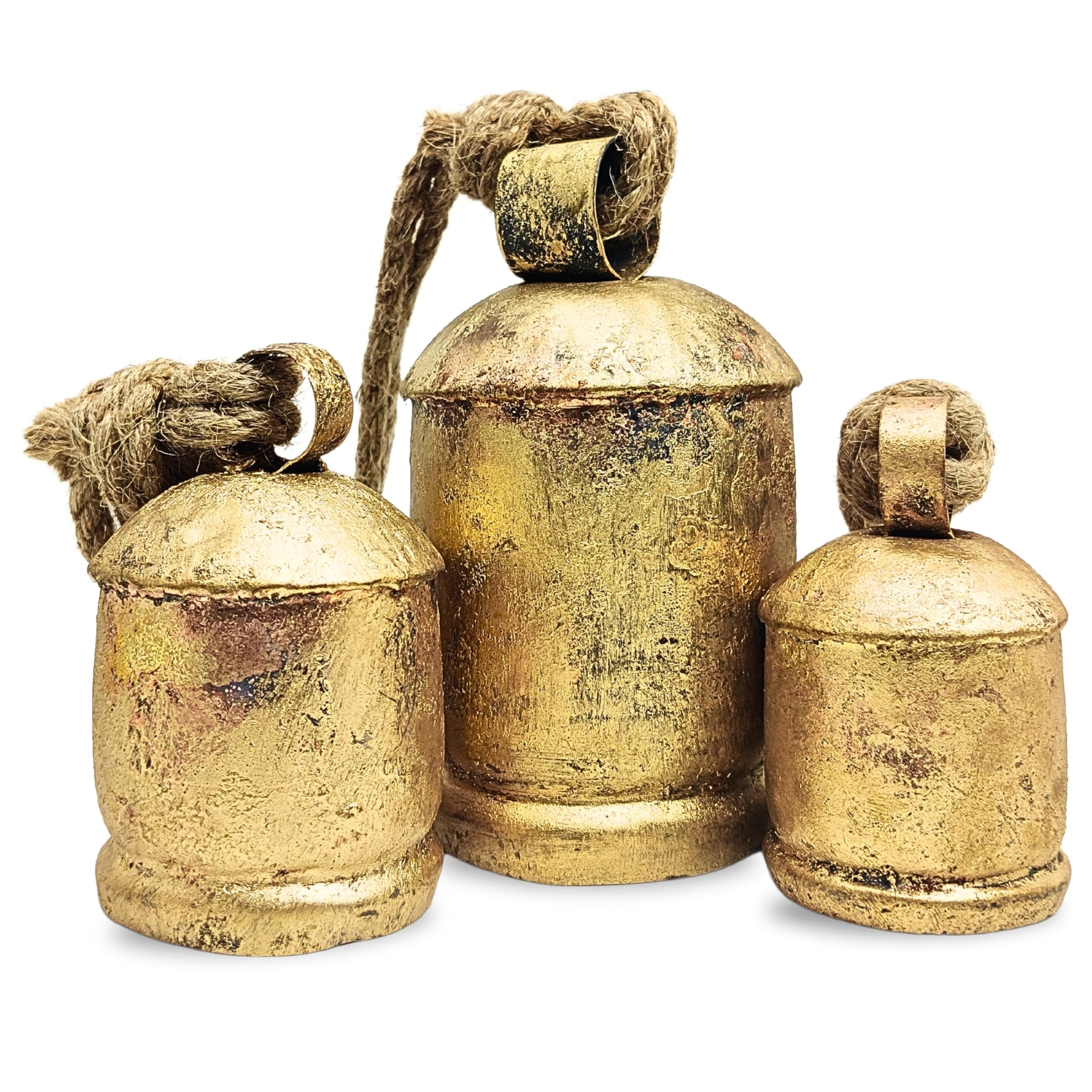 Averex Set of 3 Harmony Chic Cow Bells Huge Rustic Christmas Vintage Handmade Hanging Lucky Bells On Rope (Country Rustic, Large), Medium, Golden