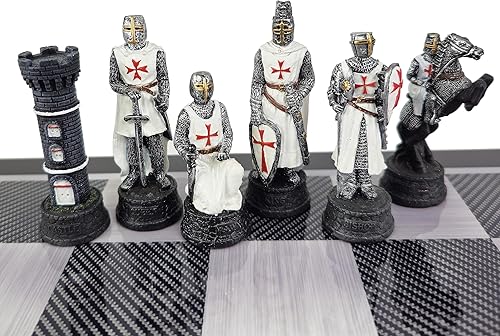 Miniatura 7 de Medieval Times Crusades Knight - Piezas de ajedrez maltés rojo y azul con tablero de color de fibra de carbono negro de 18 pulgadas