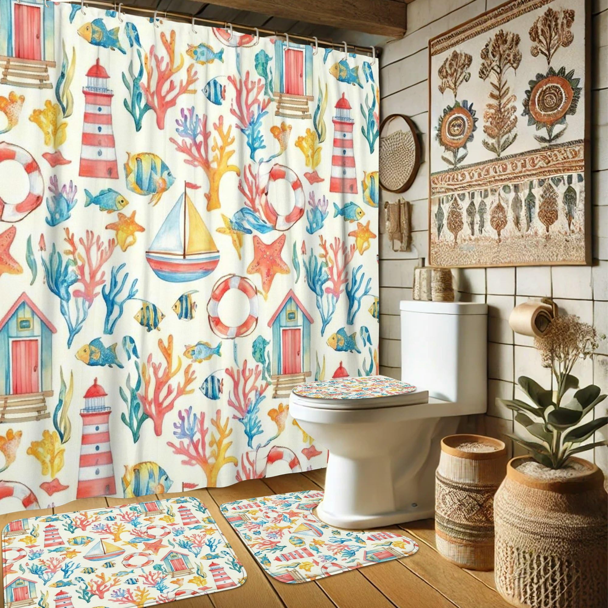 Rideau de douche de qualité supérieure motif phare bleu en tissu résistant