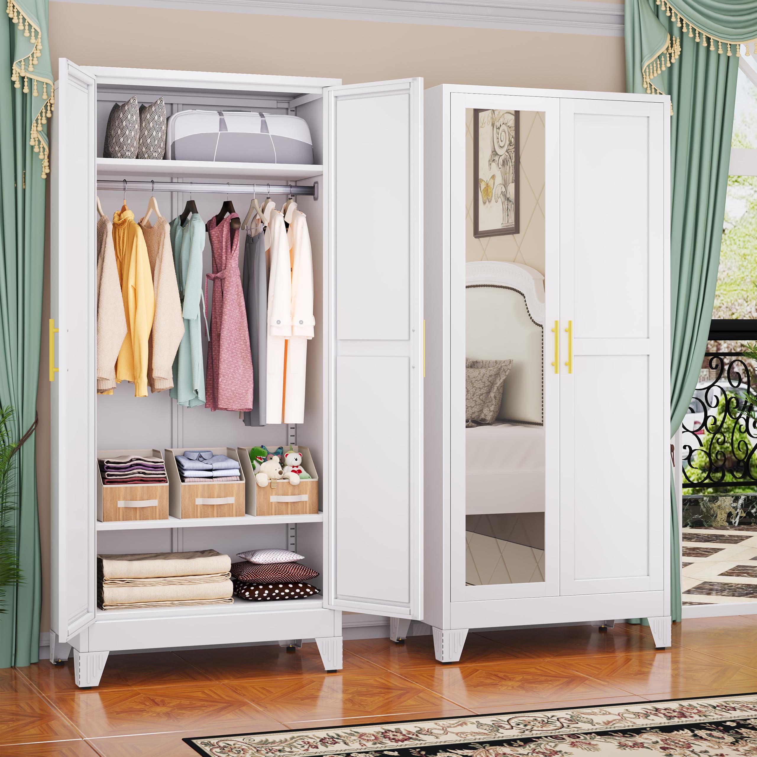 GAIOUS Metal Wardrobe Cabinet with Mirror and Hanging Rod, 71" White