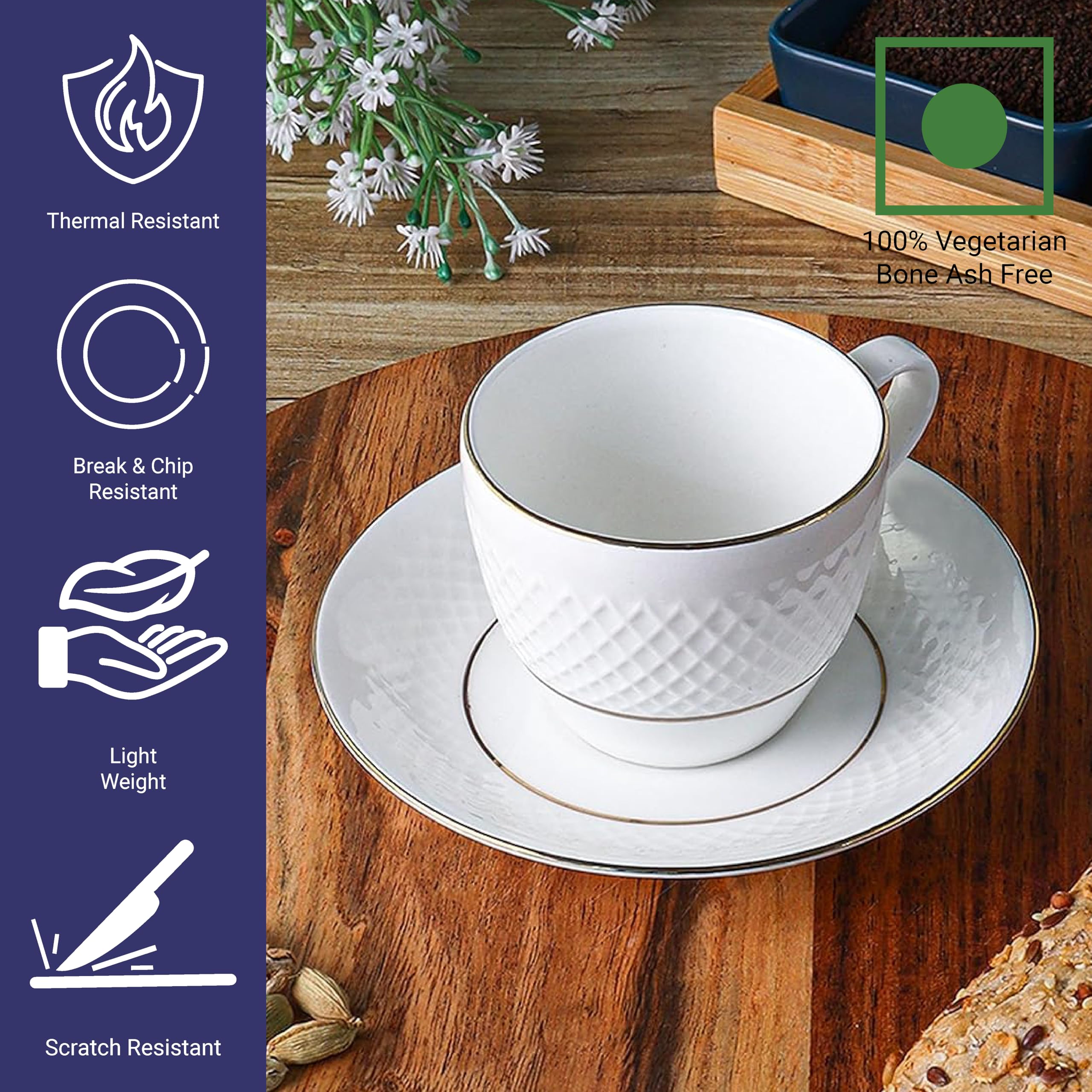 Femora Double Gold LineDiamond Cut White Ceramic Tea Cup with Saucer Set of 12 Pcs, 200 ml | Microwave & Dishwasher Safe | Bone-Ash Free | Crockery Set Ideal for Daily Use & Gifting, White 3