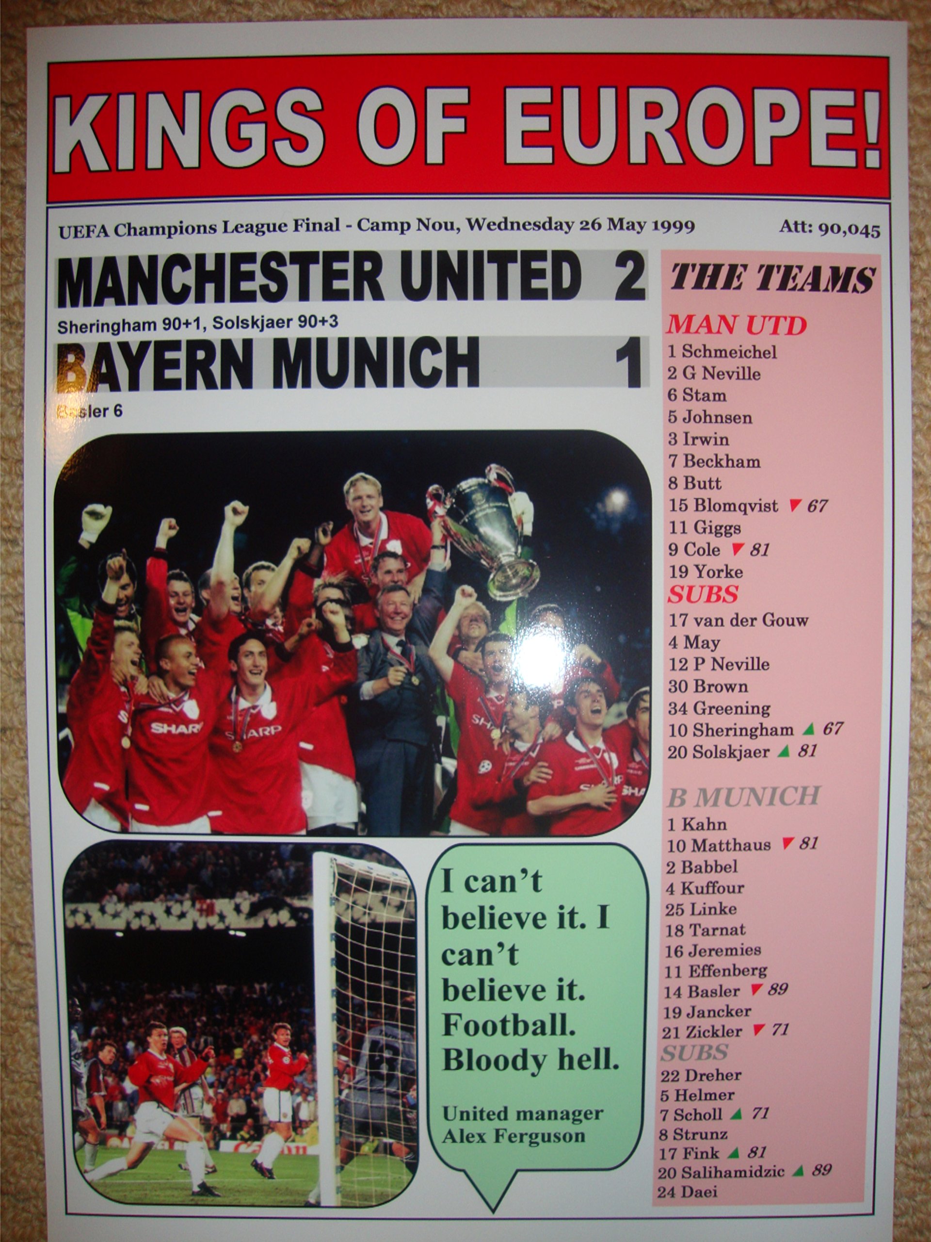 Lilywhite Multimedia Manchester United 2 Bayern Munich 1 - 1999 Champions League Final - Souvenir Print