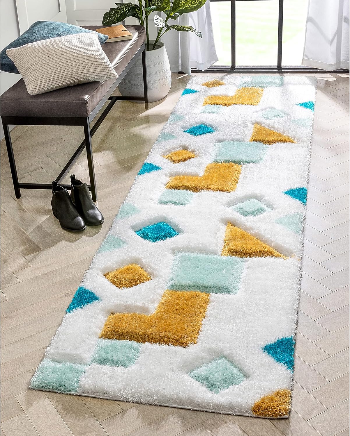 Well Woven Abbi Blue Boxes & Circles Thick Soft Plush 3D Textured Shag Runner Rug (2'7" x 9'10") 2'7" x 9'10" (Runner) Abstract Blue
