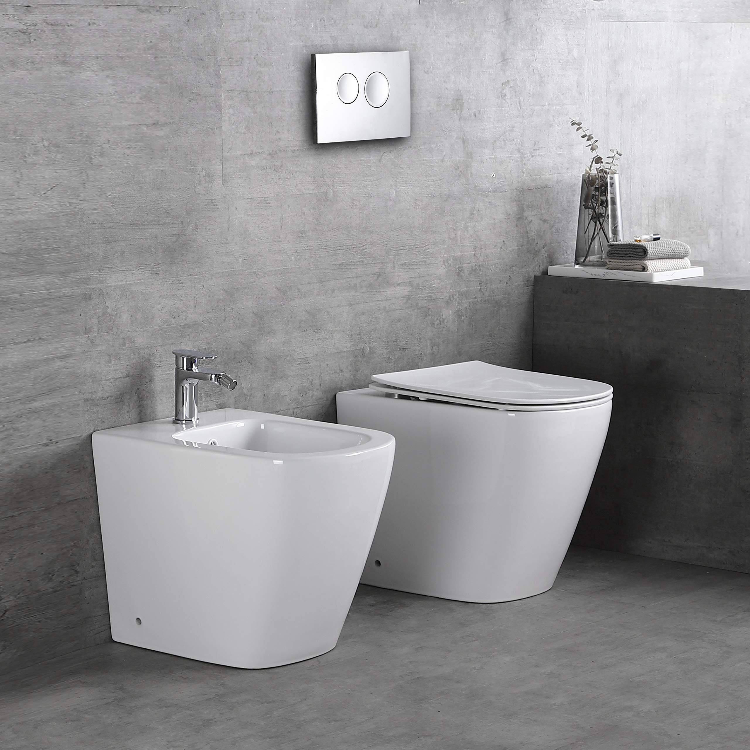 MOON Coppia Sanitari A Terra Dimensioni ridotte 51,5 cm, Rimless Senza Brida Coprivaso Soft-Close Incluso, set completo, curva tecnica inclusa