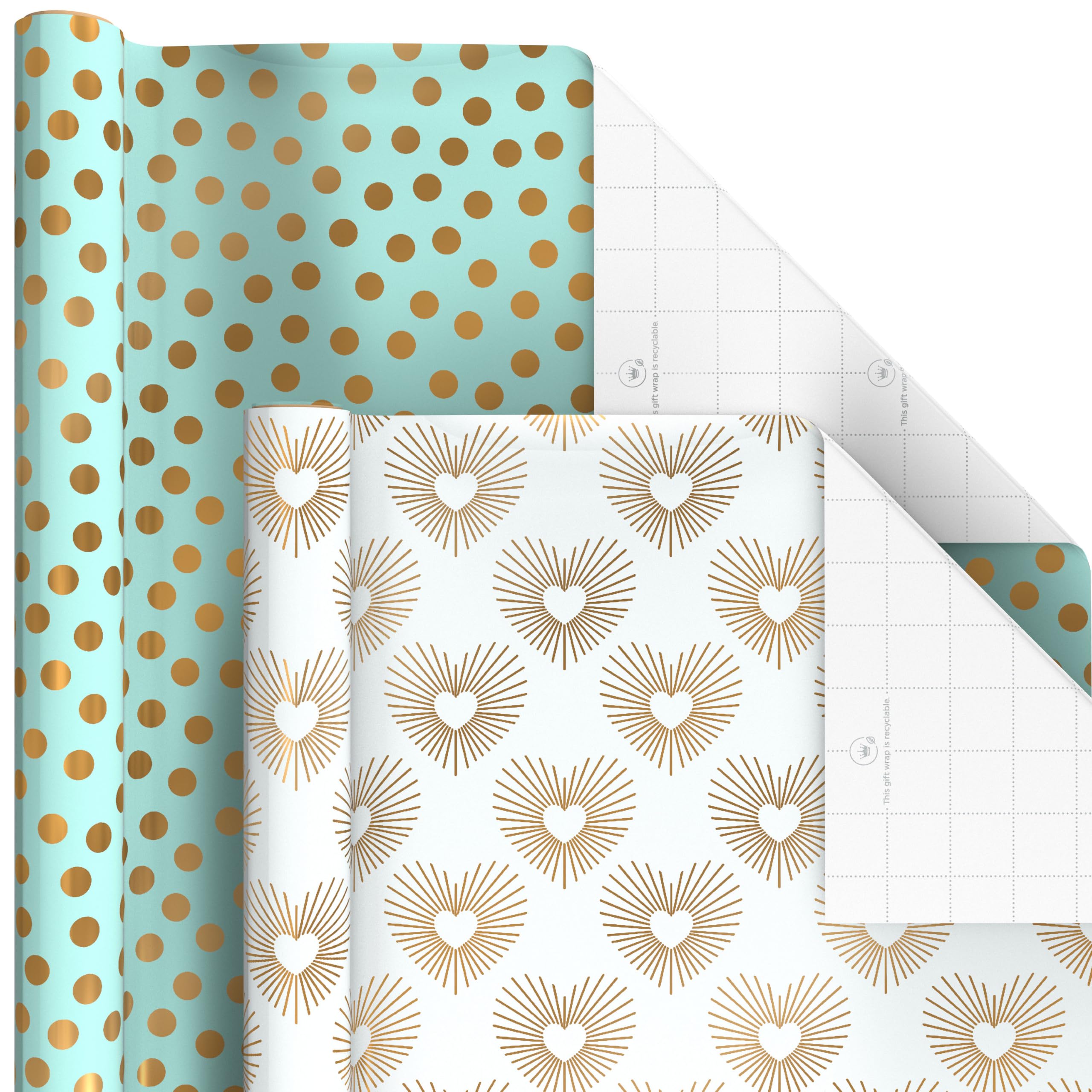 Hallmark Geschenkpapier mit Schnittlinien auf der Rückseite, 6 Rollen, 180 m² insgesamt, weiß und silberfarben, Mintgrün, goldfarbene Herzen und Blumen, für Hochzeiten, Brautpartys, Geburtstage