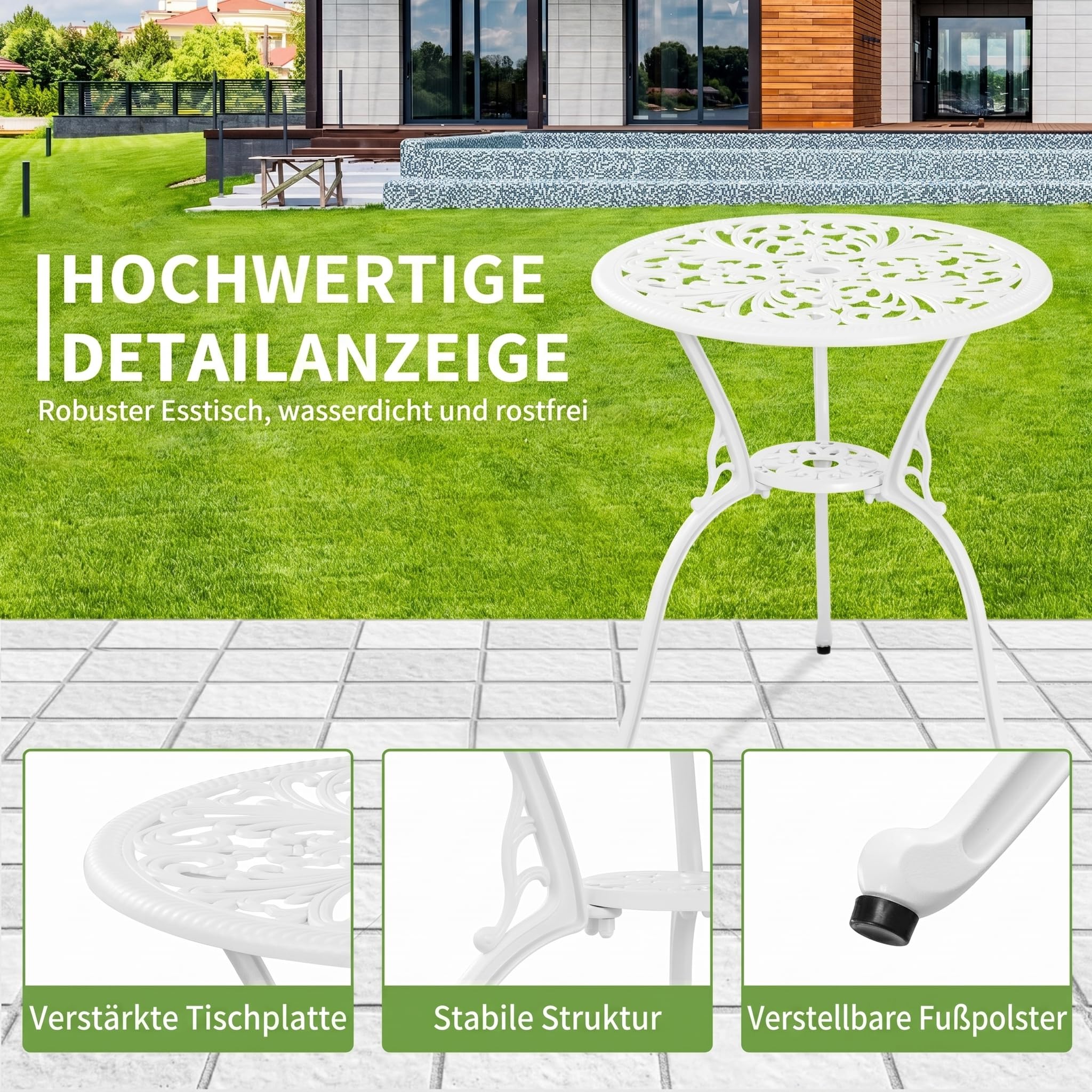 Outdoor Bistro Set 3-teiliges Gartenbistro-Set, Gusseisen-Bistrotisch mit 2 Stühlen, Kleiner Terrassentisch für Balkon, Schwarz (Weiß)