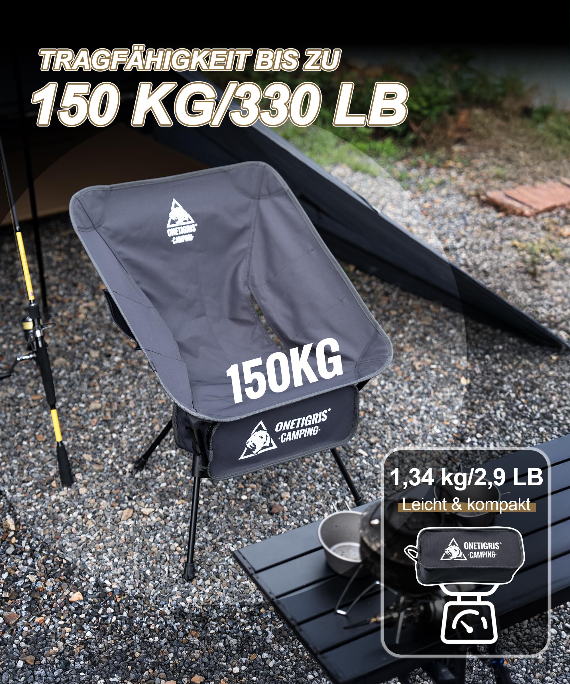 OneTigris TIGERBLADE krzesło kempingowe, składane, 150 kg, lekkie krzesło kempingowe, trójkątna rama, ultralekkie, z 2 bocznymi kieszeniami, do użytku na zewnątrz, wędrówek (kolor szary)
