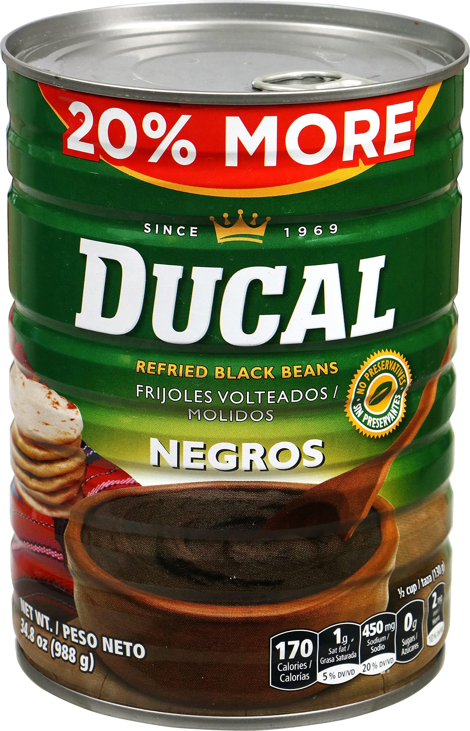 Ducal Refried Black Beans, 20% More, 34.8 Ounce (Pack of 12) - Instant Vegetarian Refried Black Beans, Non-GMO And Gluten-Free - Excellent Source in Protein And Iron, Cholesterol Free