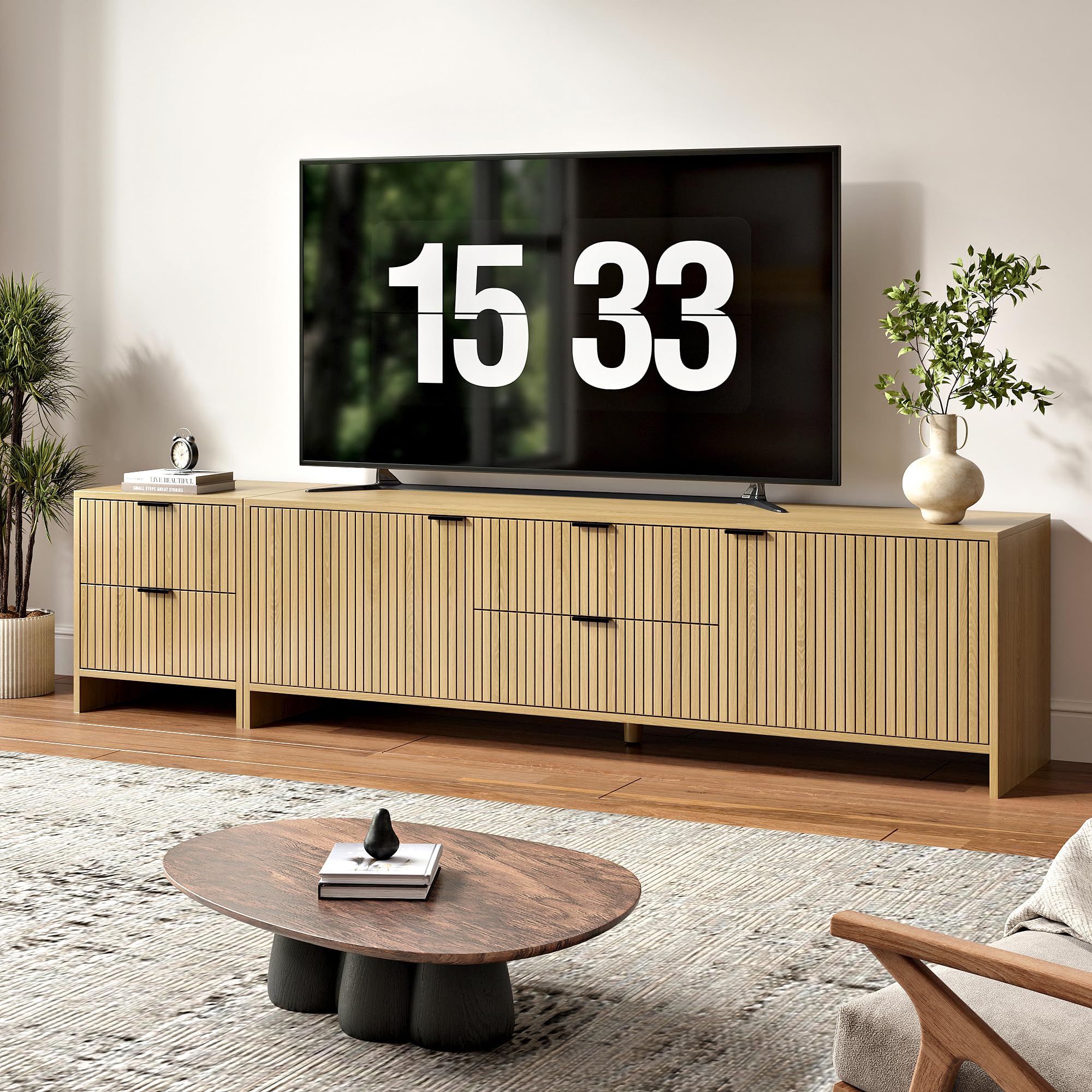 BVIUNTWO Fluted TV Stand for TVs up to 85",Modern TV Console with 4 Drawers,Wood Entertainment Center with Adjustable Shelves & Storage Cabinets for