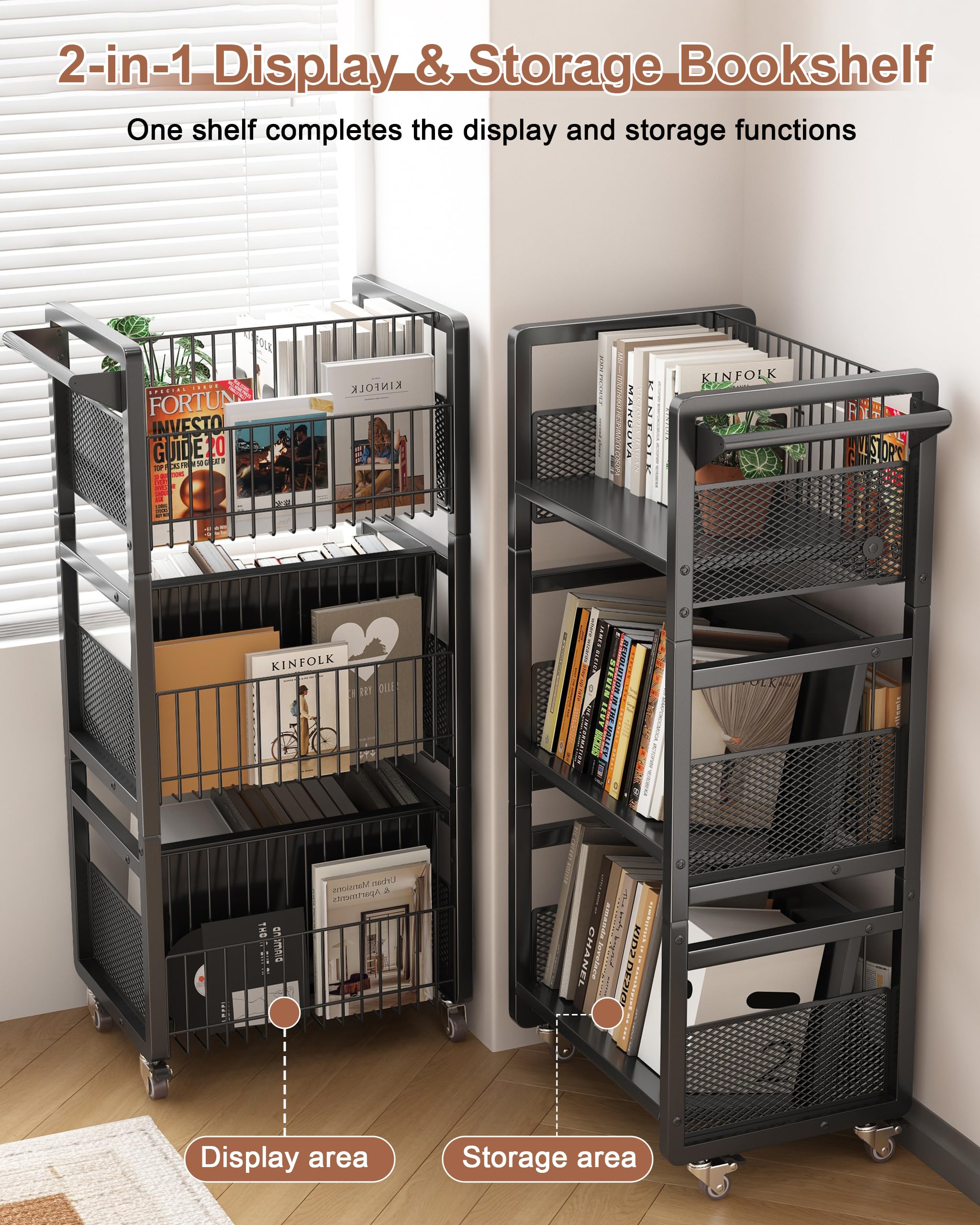Carrello per Libri con Ruote,Carrello Da Biblioteca con Portata 70kg con Maniglia,Ripiani Piatti a Forma Di L su Un Lato,per Casa,Scuola,con 3 Supporti Magnetici per Libri - Nero