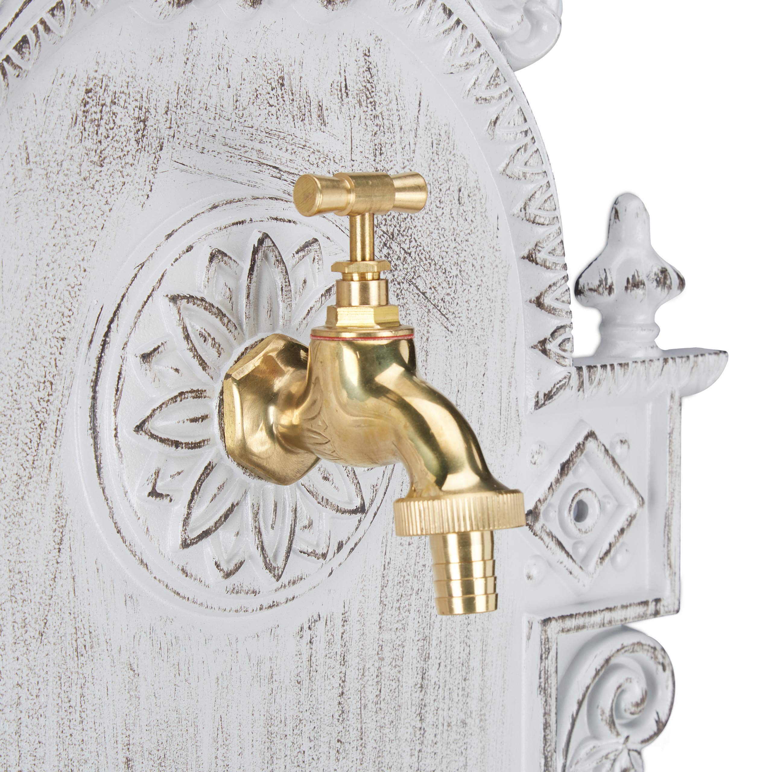 Relaxdays Fontana XL Antica a Parete, con Rubinetto, Lavabo per Giardino, in Lega di Alluminio, HLP 75x44x22 cm, Bianca