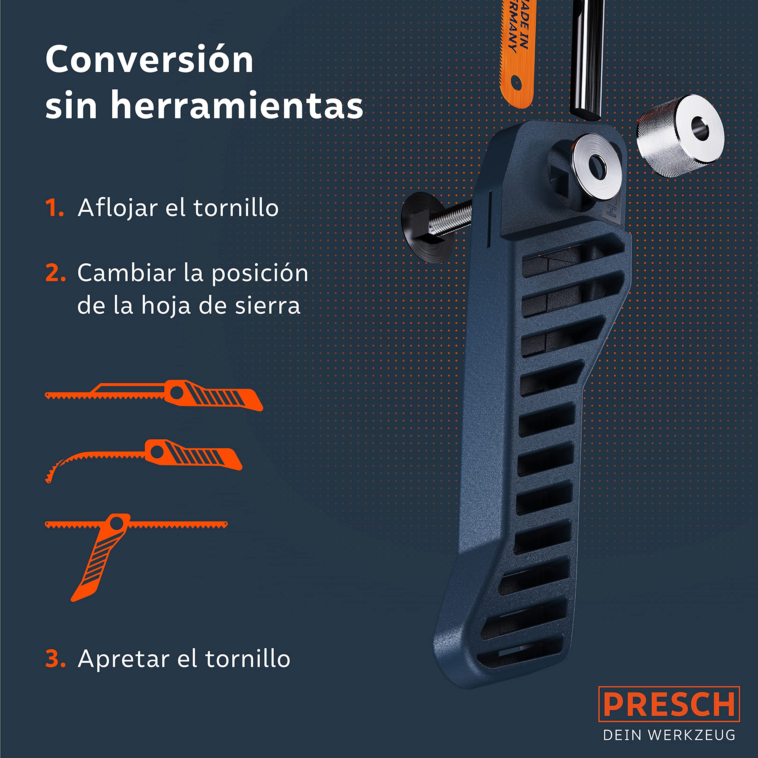 Presch Mini Sierra de Metal Flexible 300mm - de mano 3 en 1 incl. hoja de sierra para metal - Sierra de hierro pequeña ajustable con hoja para metalica