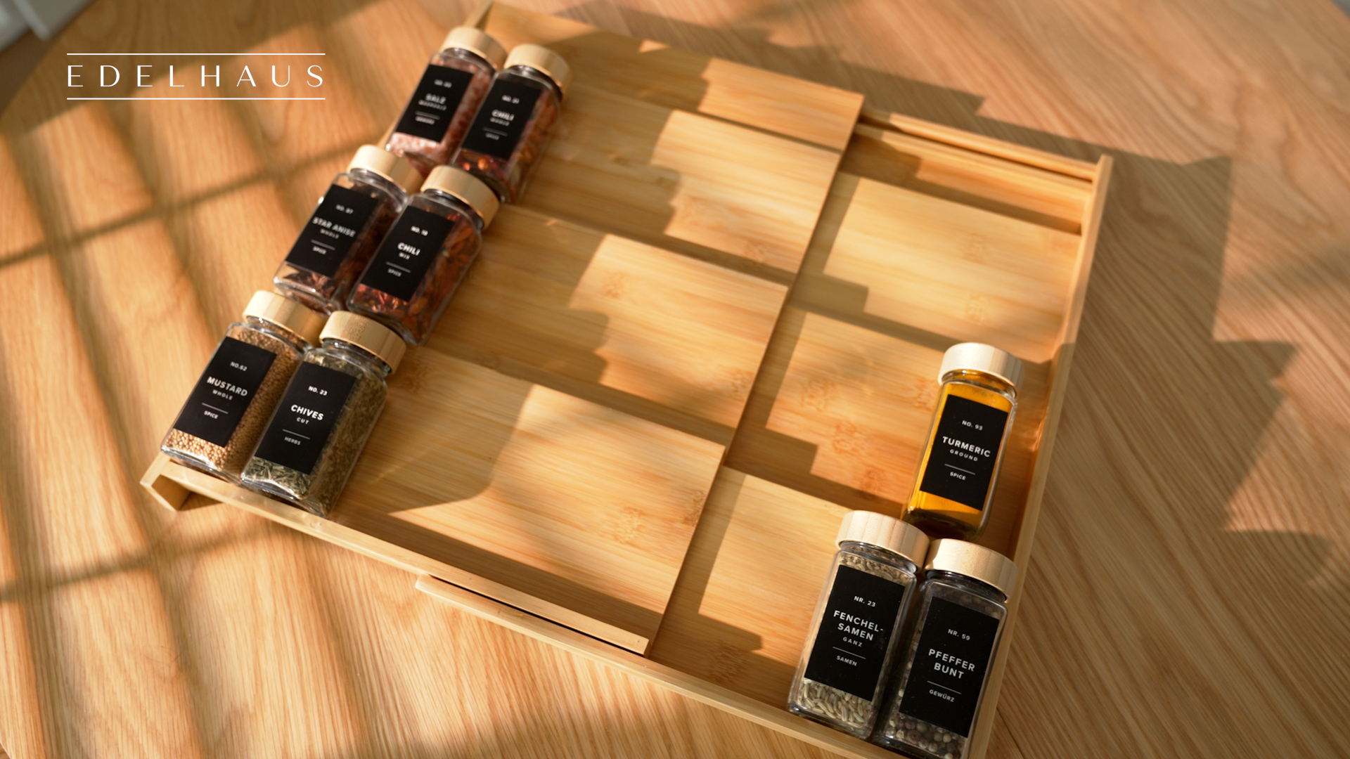 EDELHAUS Expandable Bamboo Spice Drawer Organizer — 4-Tier Rack Holds Up To 36 Jars (Fits 12” To 24” Drawers)