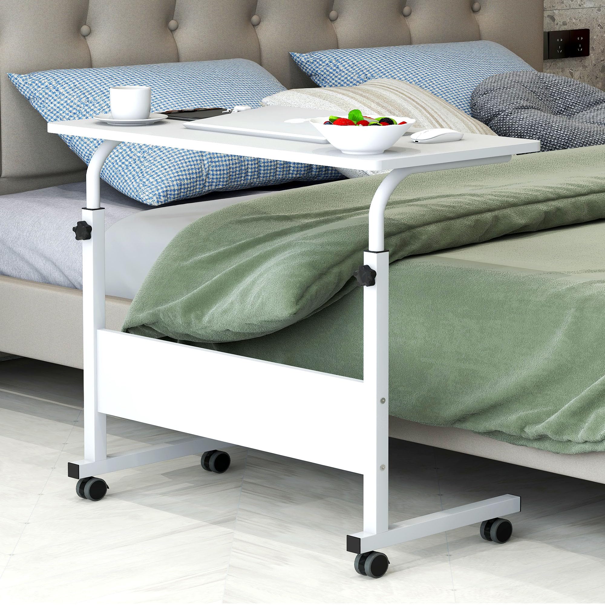 Tavolino Computer Regolabile In Altezza 80x40 Cm Con Ruote Bloccabili, Piani In MDF E Telaio In Acciaio, Per Ufficio E Camera Da Letto, Nero
