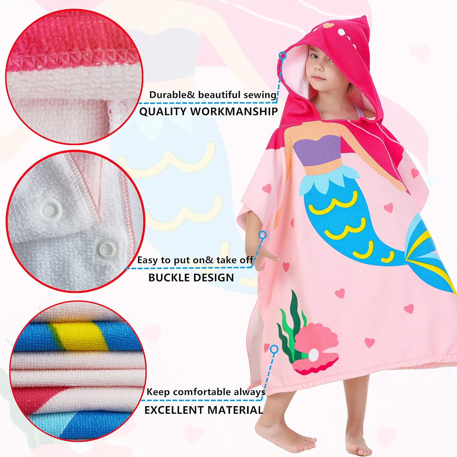 Big Pink Mermaid Kids' Bath Towels Soft Microfiber Swim Cover-ups for 3 to 10 Years Old Girls Beach Pool