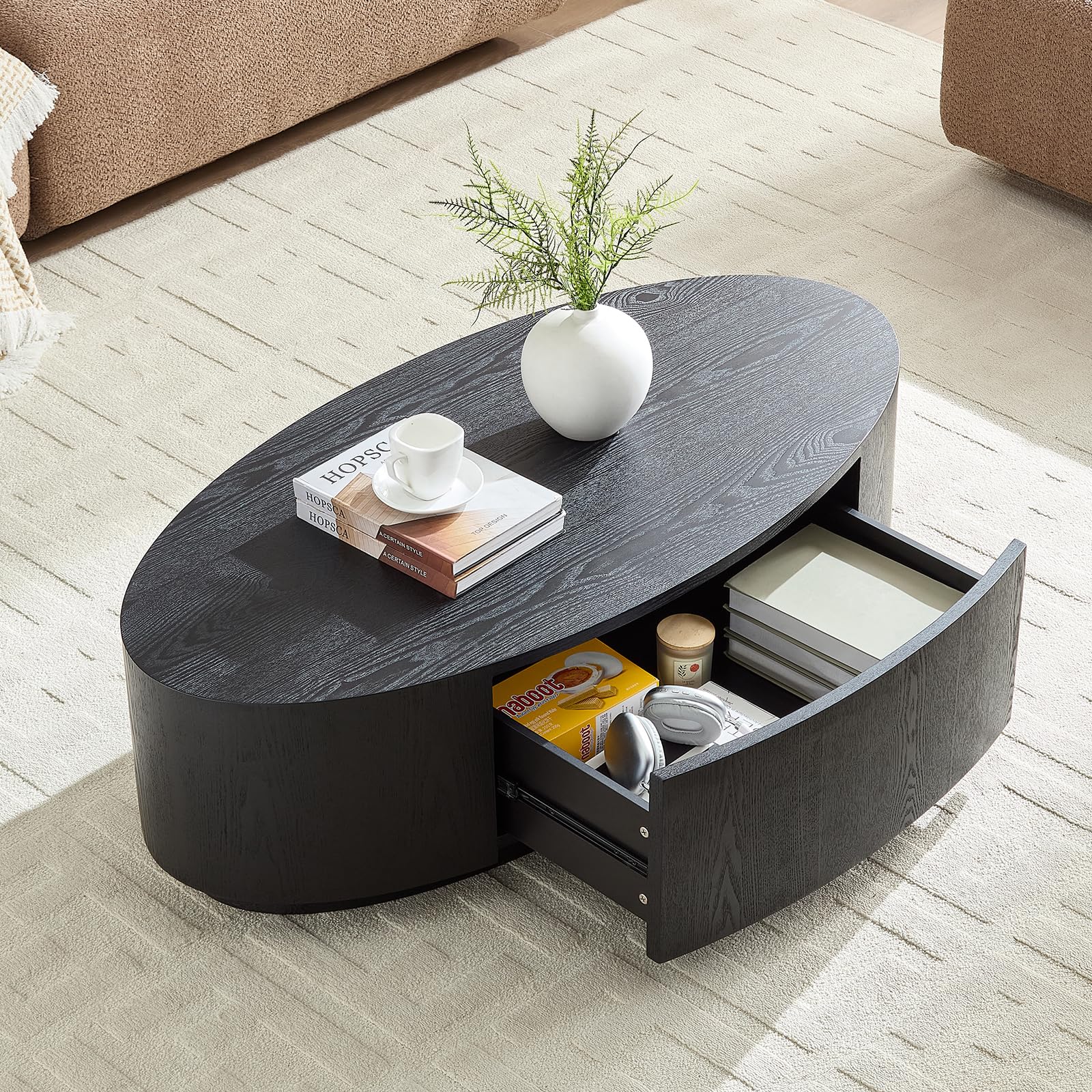 modern luxury oval coffee table, 47.24"x23.62" mdf black oval center table for living room, mid century modern, compact tea table