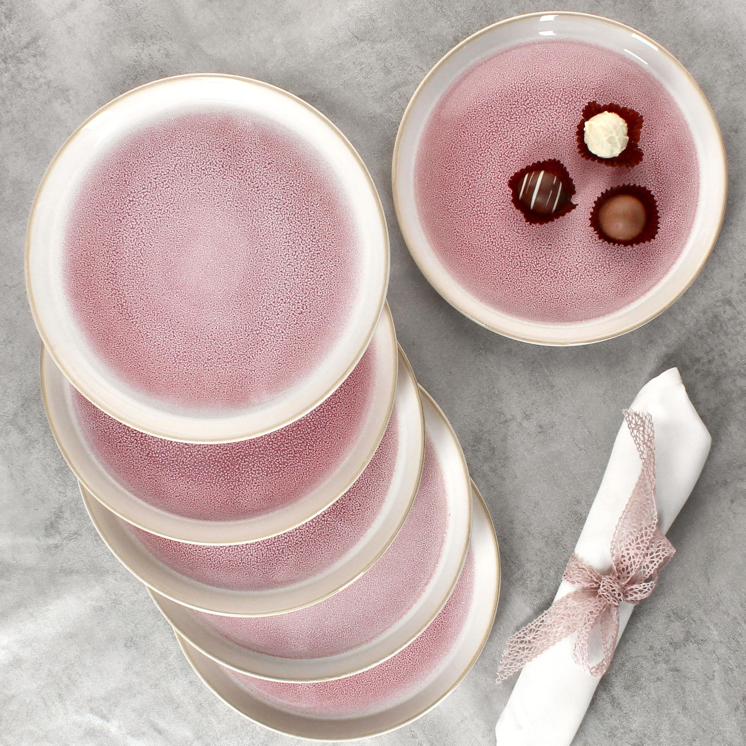 MamboCat Reactive Glaze Paris zestaw 6 talerzy do ciasta, kremowe i różowe, talerze śniadaniowe z kamionki, dla 6 osób, małe talerze do sałatek, deserów itp.