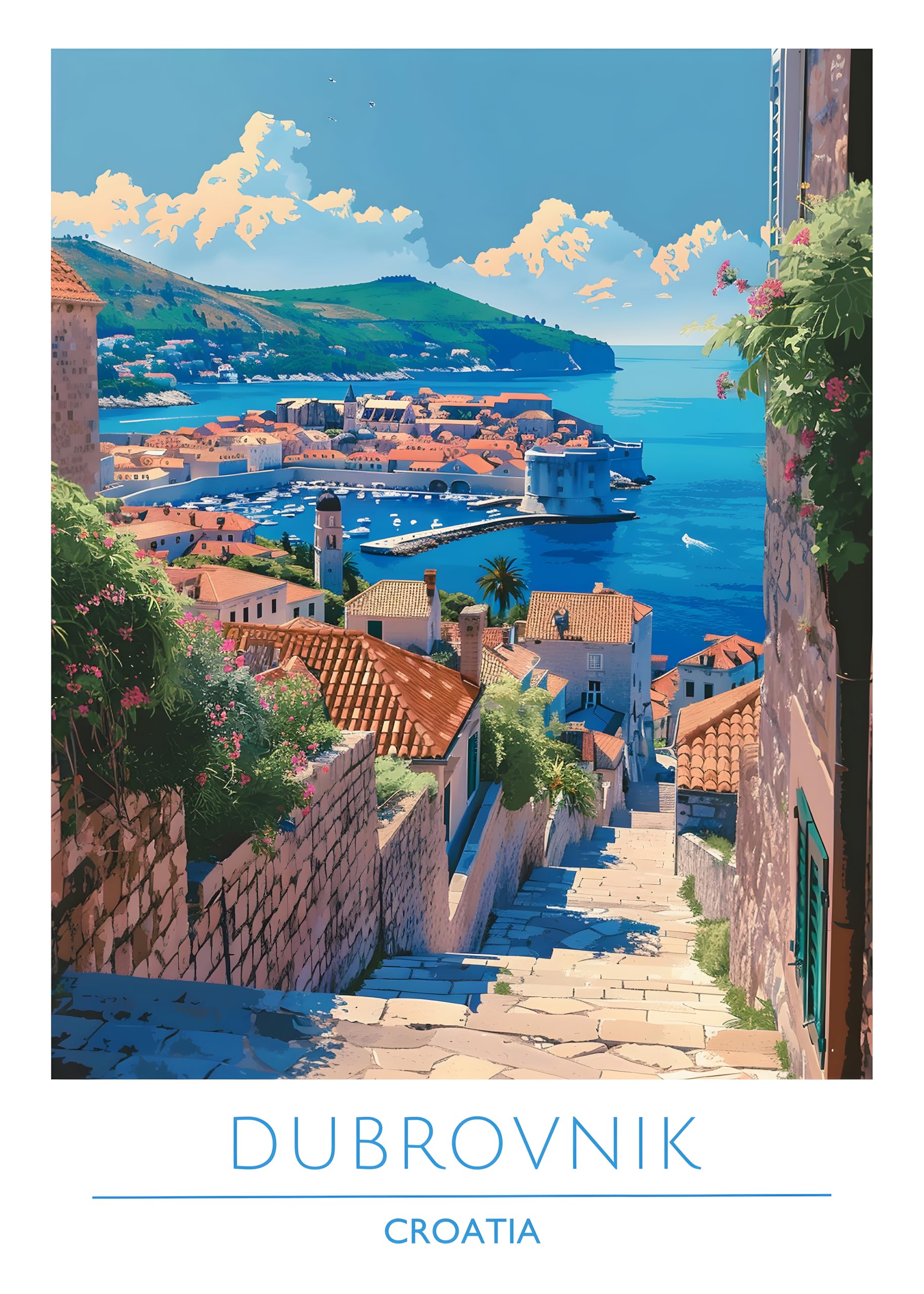 Iconic Cities Unframed A4 A3 Travel Poster Prints, Travel Wall Art, Home Décor, Paris New York Dubai Tokyo Rome Barcelona etc. (Croatia Dubrovnik 2, A3)