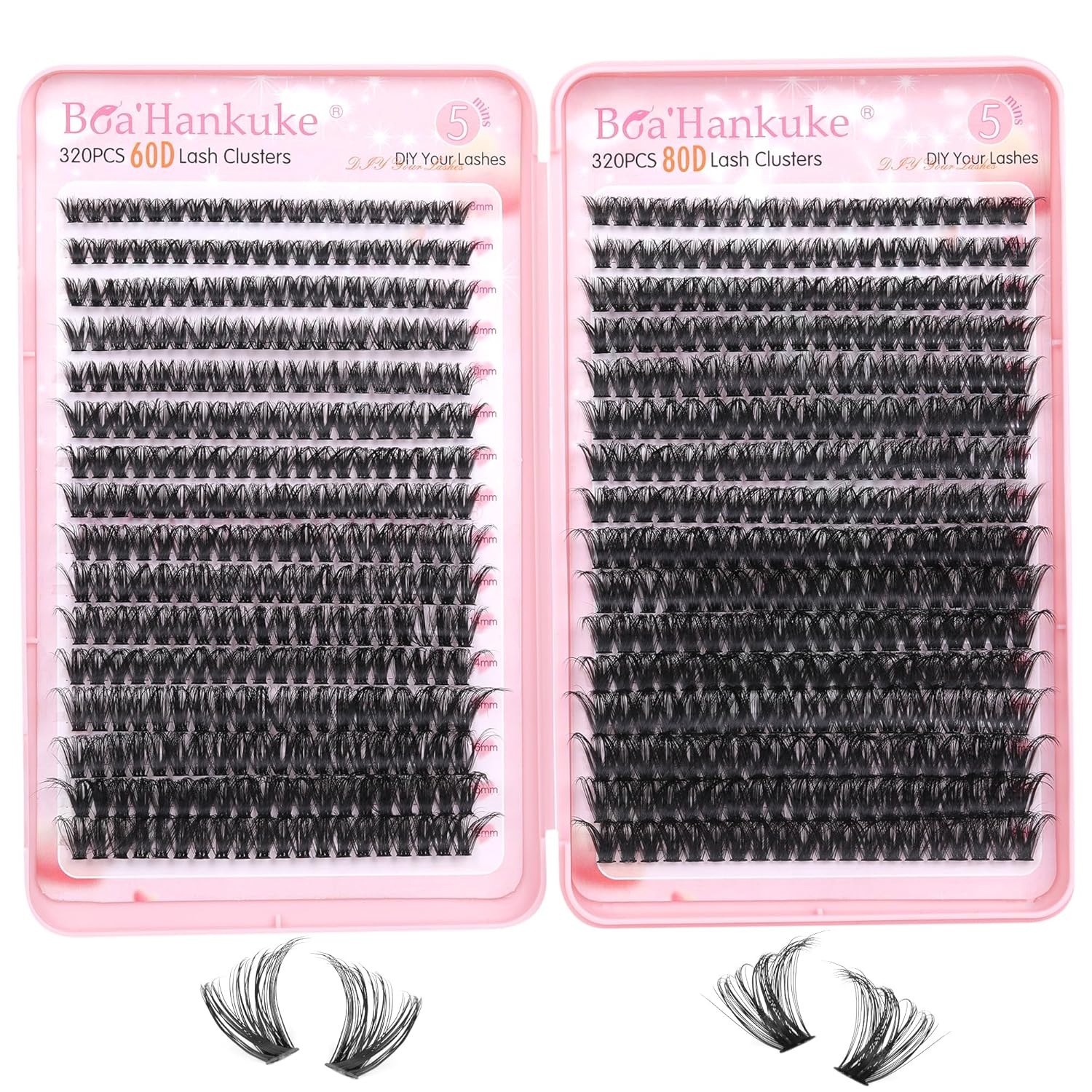Boahankuke 640PCS Lash Clusters DIY Cluster Eyelash Extensions D Curl Volume Eyelash Clusters Individual Lashes Fluffy Lash Clusters