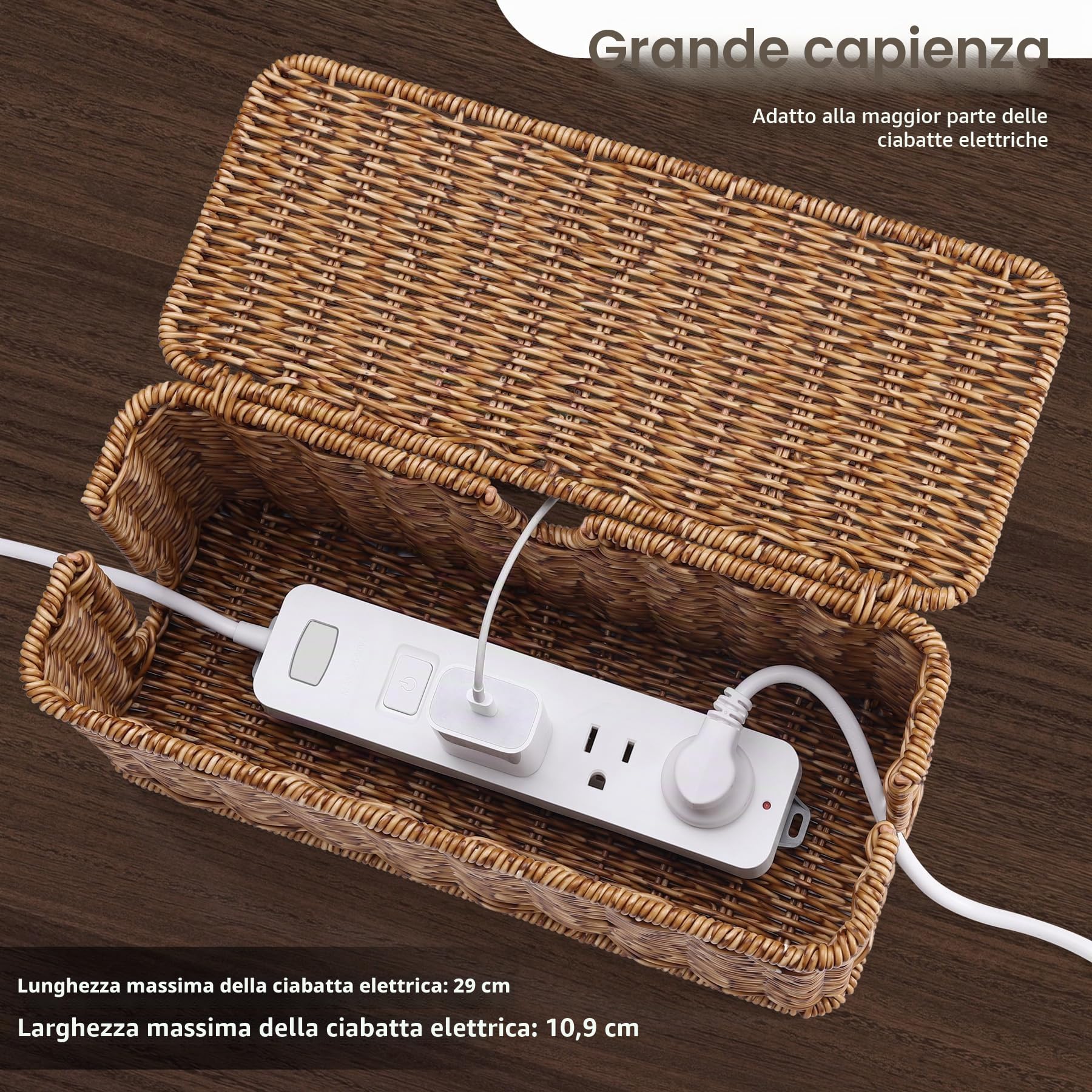 Scatola per la gestione dei cavi fatta a mano, in finto rattan, per nascondere cavi e ciabatte, lunghezza 12,5 x larghezza 5,2 x altezza 5,5 cm, CB2412, marrone scuro maculato