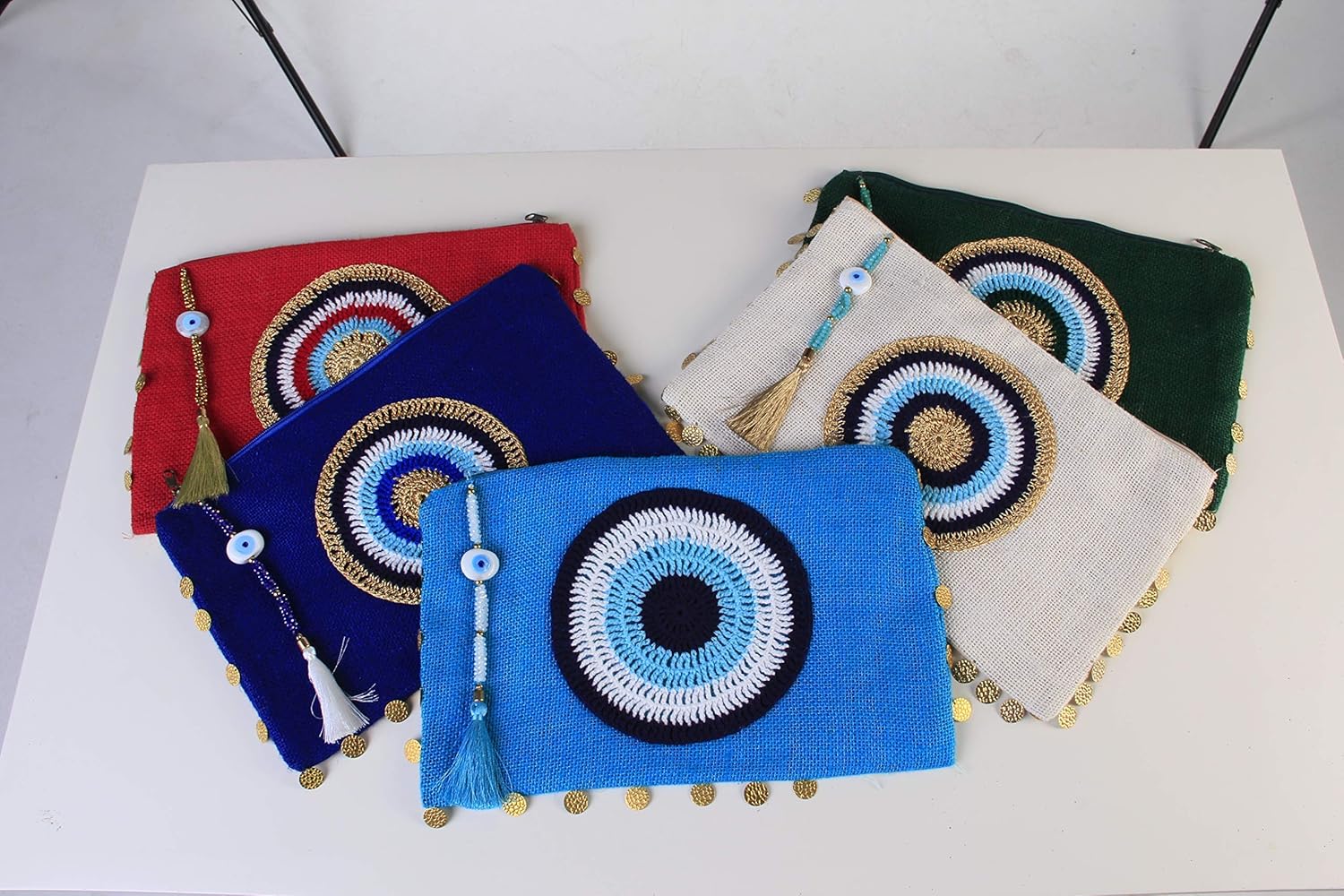 Evil Eye Handmade EGE Jute Clutch Purse Bag Eco Friendly Gift for Women Turquose Handheld Hessian Bag Natural Burlap Handbag