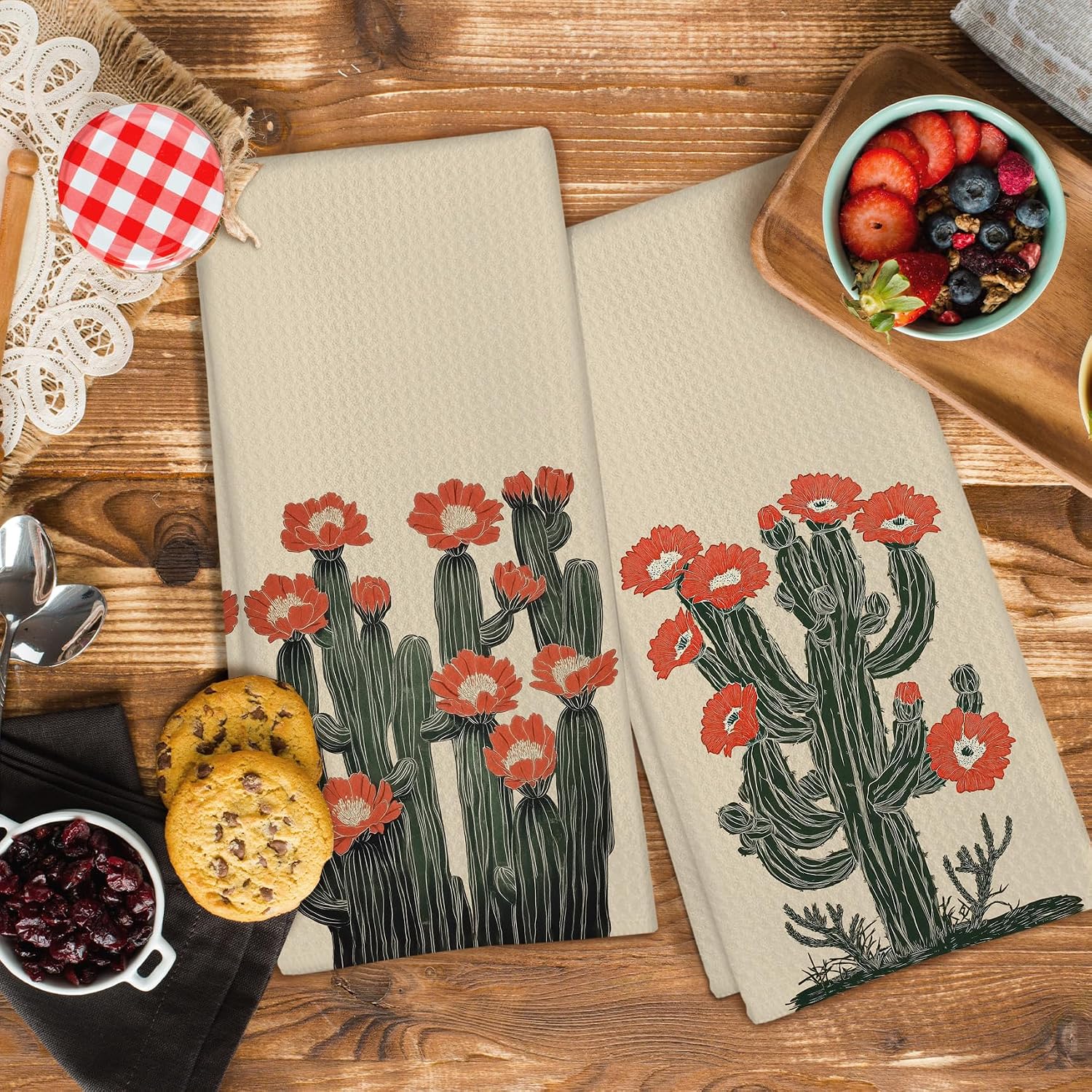 Southwest Cactus Flower Kitchen Towels Set of 2, Mid Century Modern Mexico Western Dish Tea Towels for Kitchen, Trendy Boho Cactus Botanical Hand Towel for Bathroom Decor, 16x24 Inch