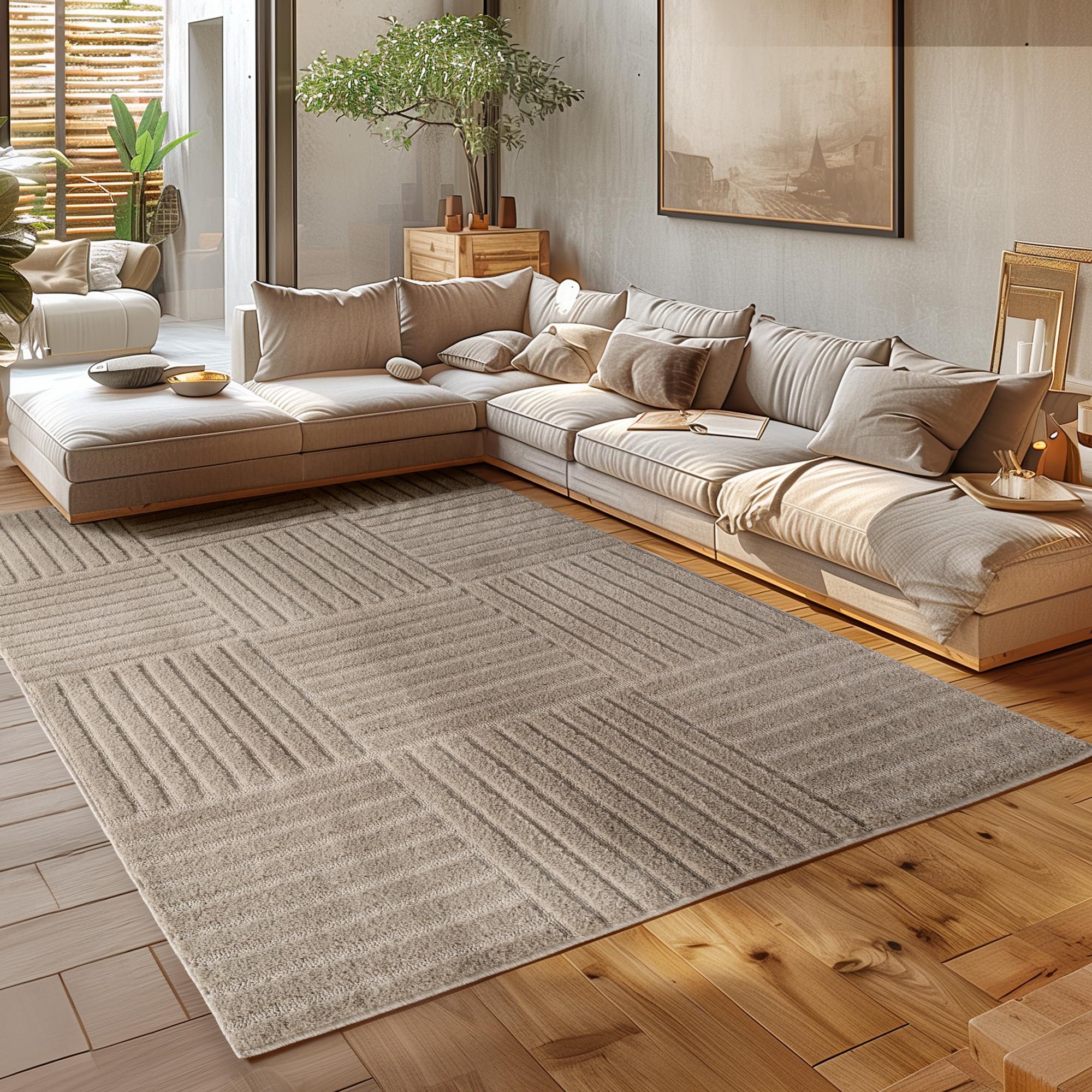 HomebyHome Wohnzimmer Teppich Hochflor Skandi Boho Design Hoch-Tief Effekt Weicher Shaggy Langflor Flauschig Pflegeleicht Modern für beistelltisch