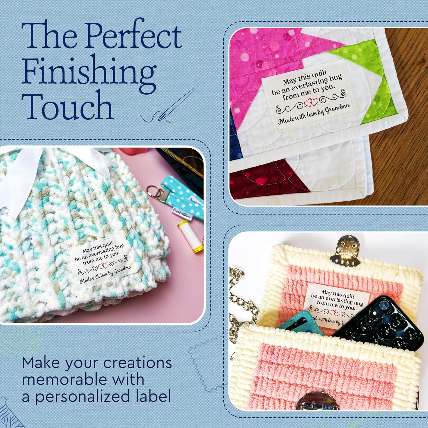 Personalized Cotton Fabric Tags 2”x3” Each | Custom Sewing Labels, Set of 12 Labels – Sew On or Iron On – Gift for Quilters, Knitters, mom – Machine Washable Quilt Tags - Double Heart Quote