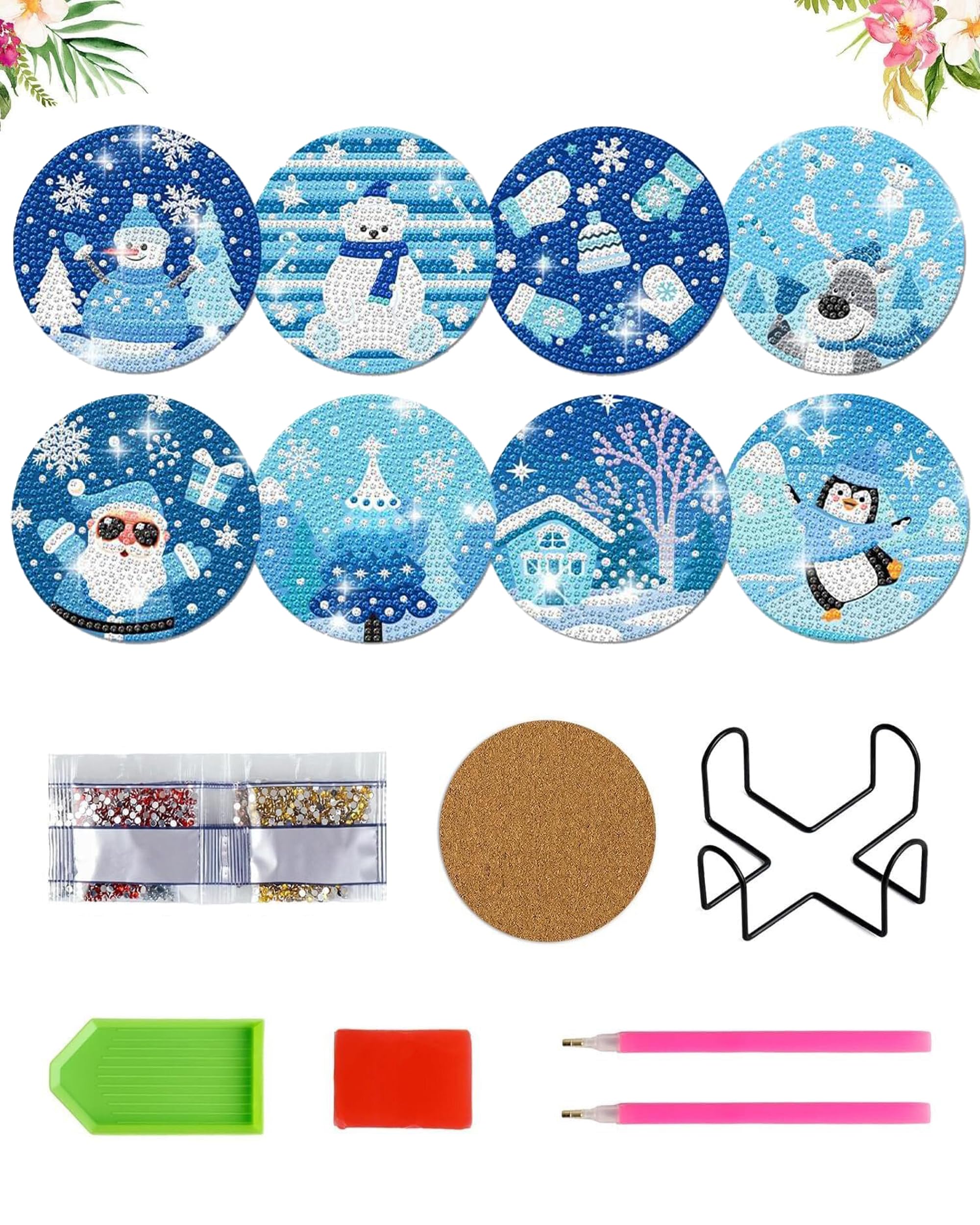 Mzinge Christmas-A 8 Pcs Christmas Diamond Art Coasters, 5D Diy Diamond Painting Coasters Kit,Full Drill Diamond Dot For Adultsarts And Crafts Supplies (Christmas-A)