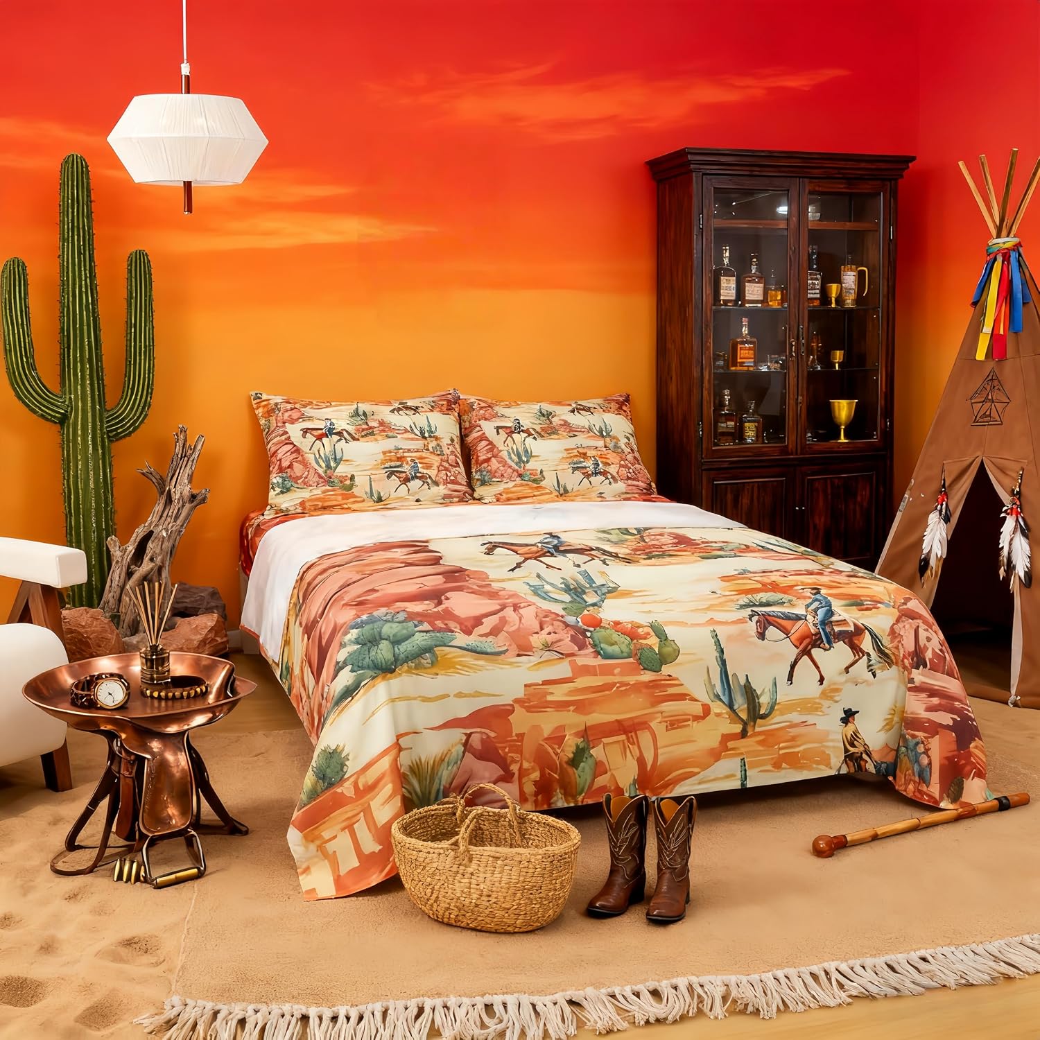 Manfei Western Cowboy Bed Sheets Queen Size,Cactus Desert Southwest Country Bedding Set, Boho Rustic Farmhouse Boys Girls Room Decor,Orange Green Sheet(Fitted+Flat+2 Pillowcases) image 2