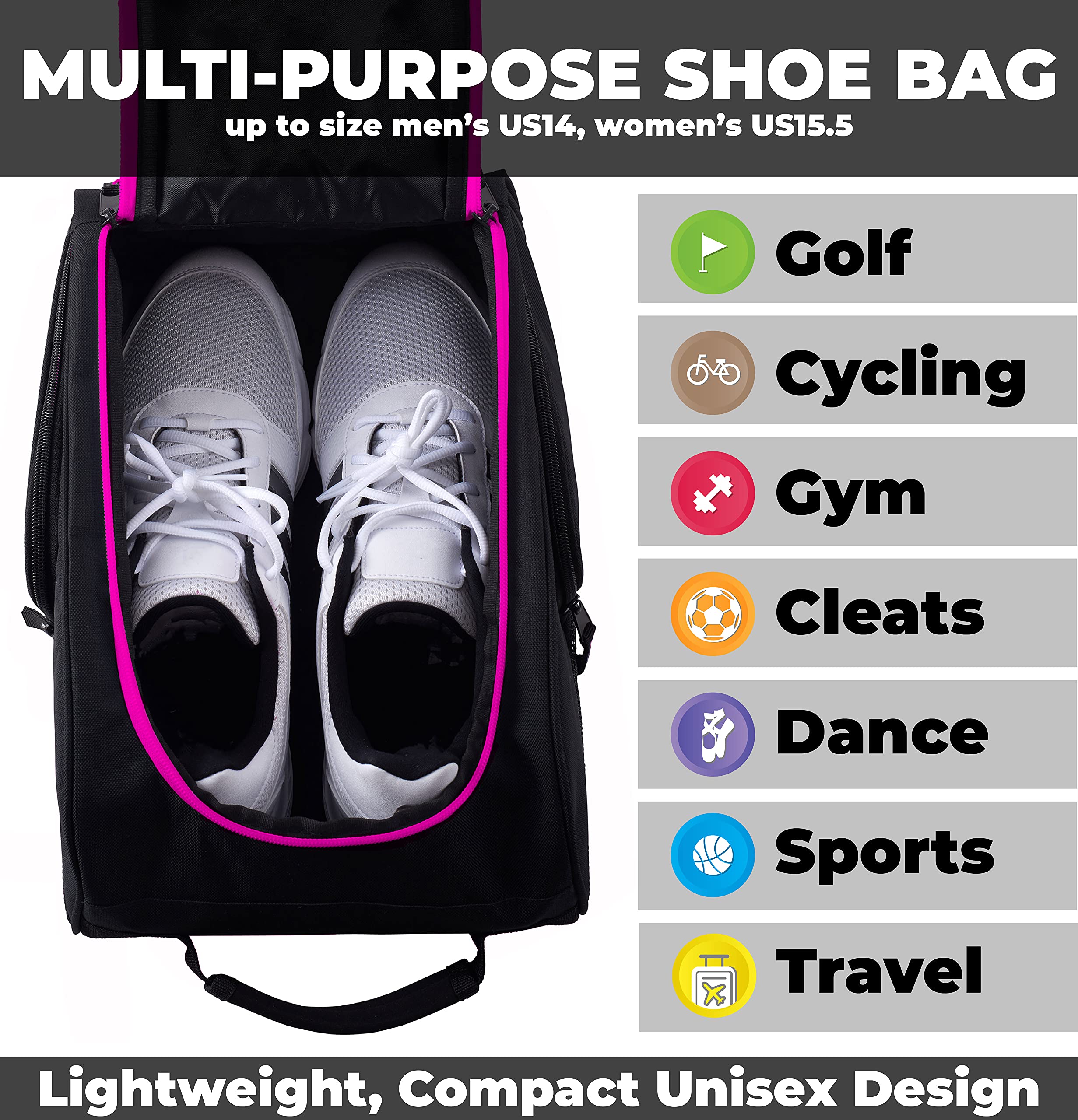 Athletico Golf-Schuhtasche – Reißverschluss-Schuhtasche mit Belüftung und Außentasche für Socken, Tees, etc. (schwarz/rosa)