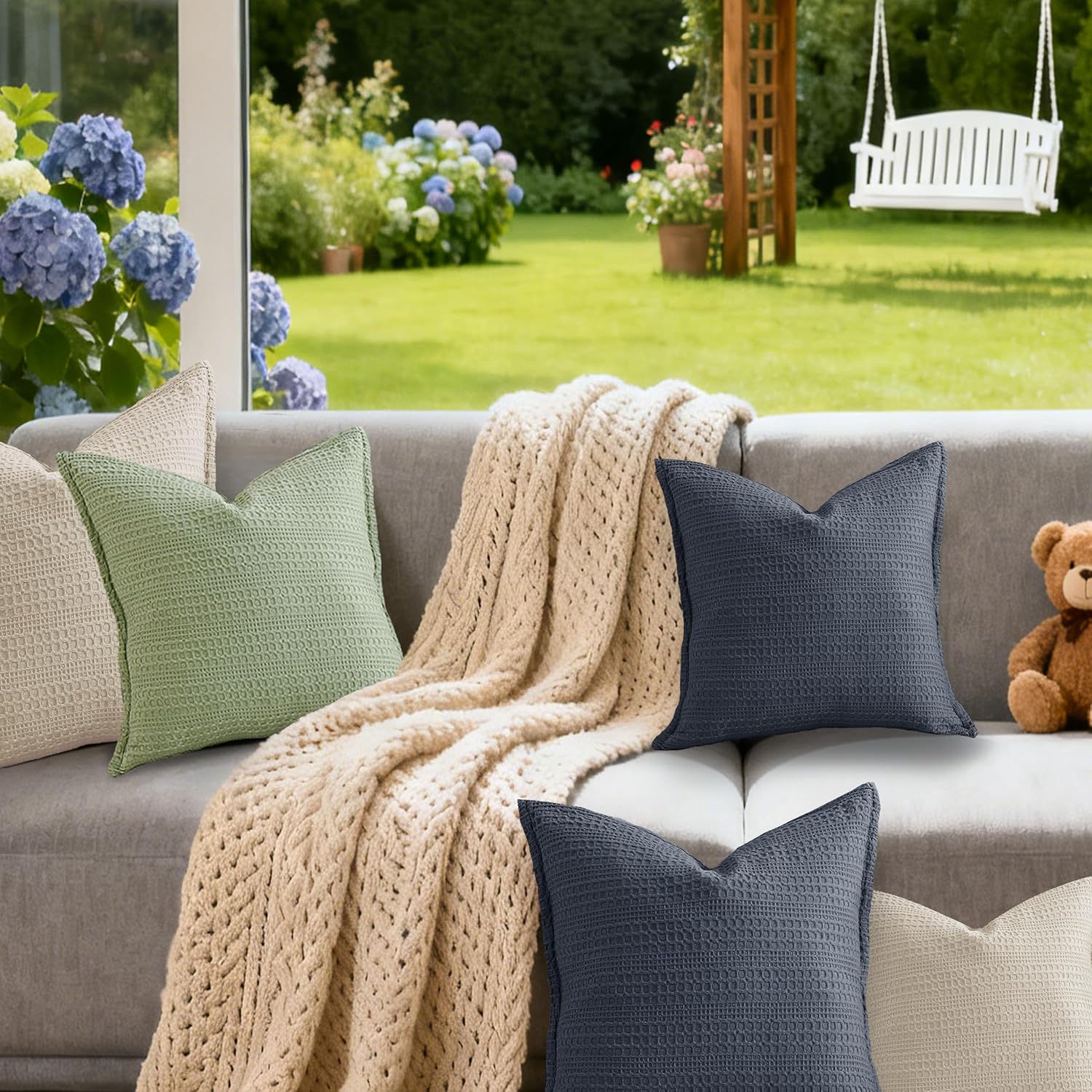 100% Cotton Cushion Cover Set of 2 18x18 Throw Pillow Covers Neutral Decorative Honeycomb Pillow Shams Pilling-Resistant for Sofa Bed Decor Square Pillowcase Cover No Filling,Sage Green - Image 9