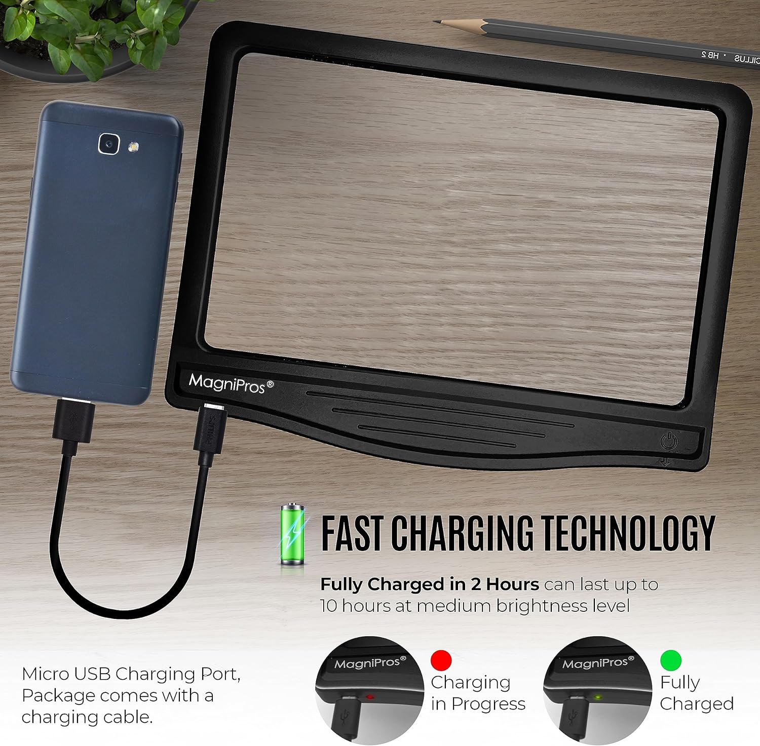 MagniPros Magnifier showing fast charging technology with charging port and indicator lights.
