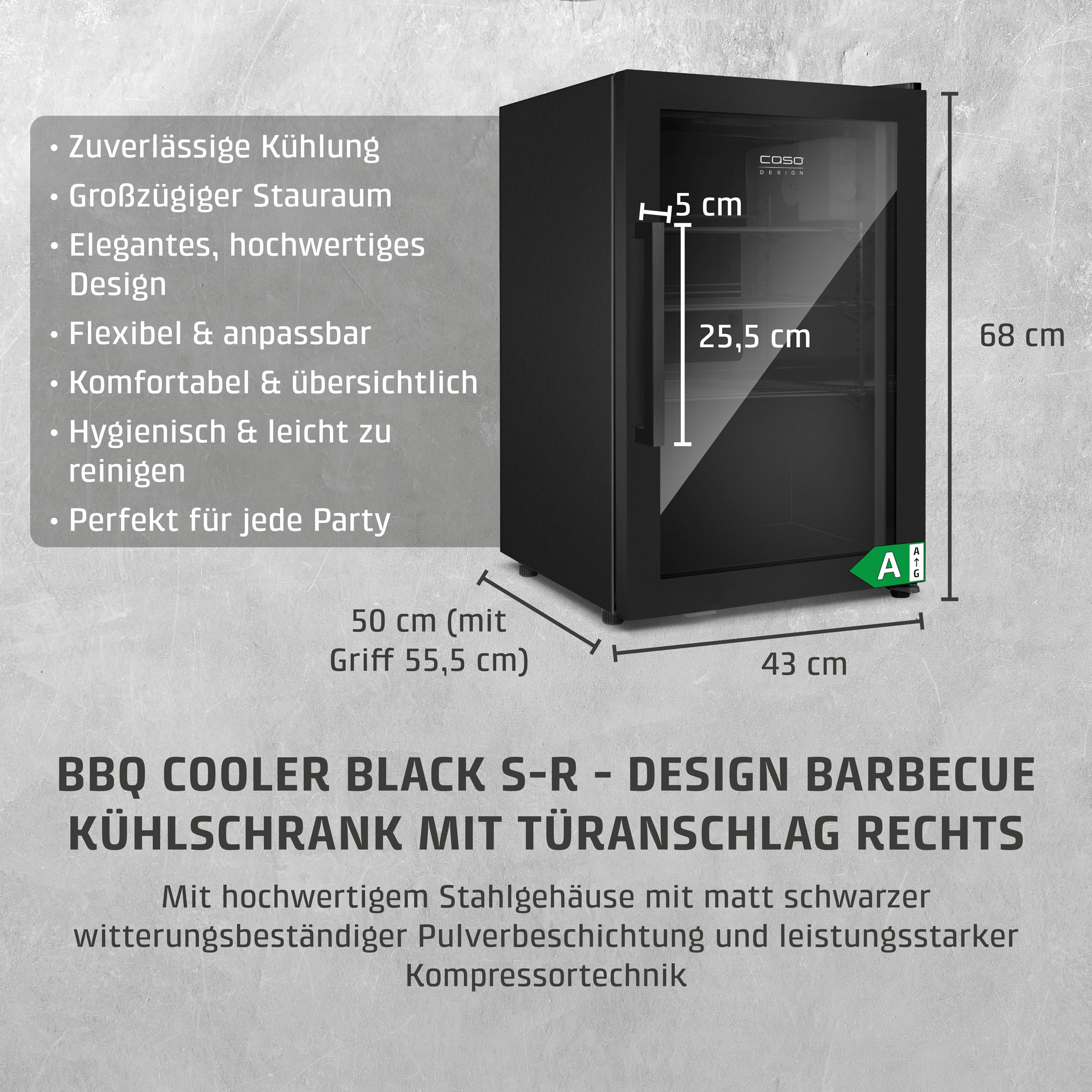 Caso BBQ Cooler S-R Black Kühlschrank 63L Türanschlag rechts Temperatur -1-10°C IPX4 Spritzwasserschutz UV Sicherheitsglas abschließbar