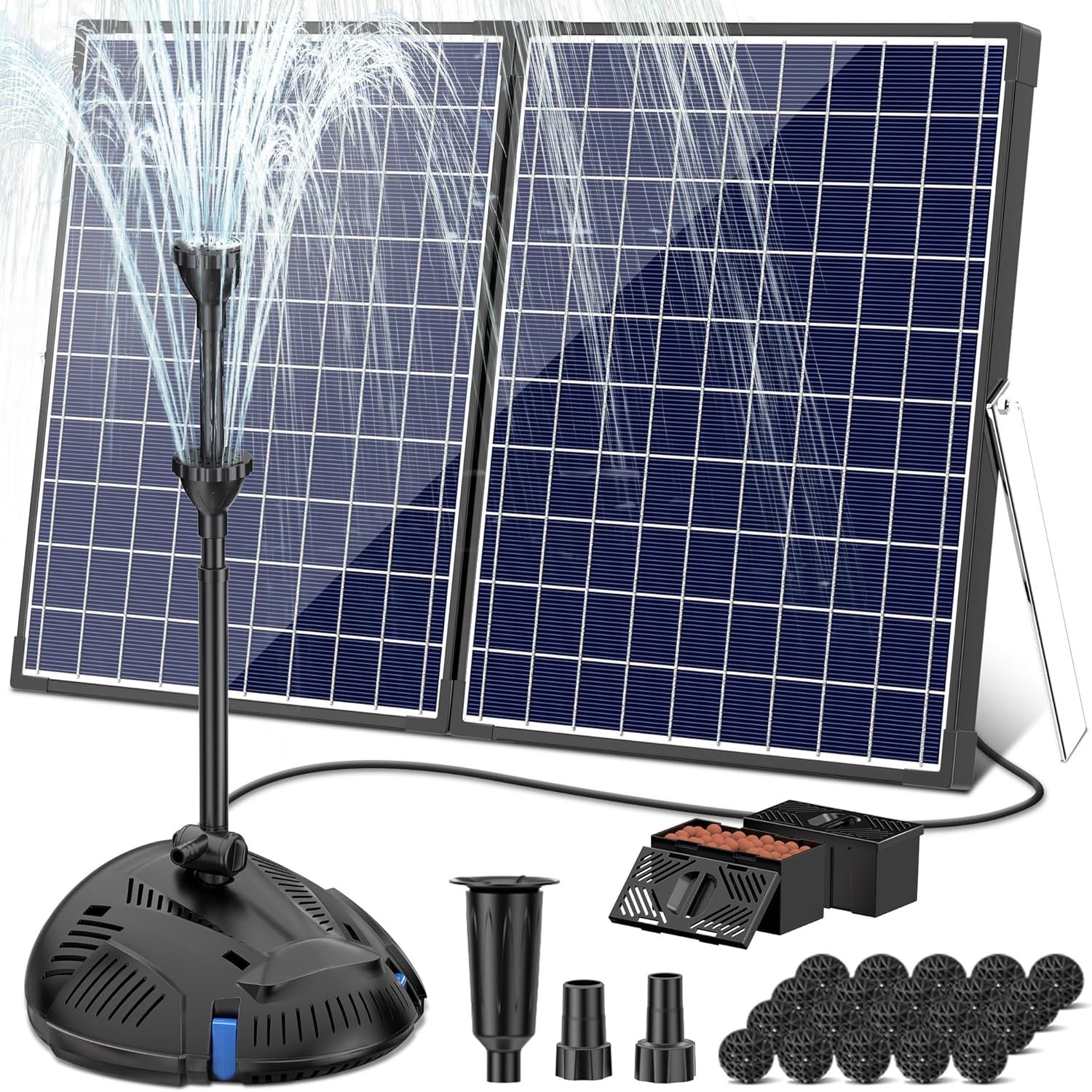 NFESOLAR Solar Fountain Pump with Pond Filter, 50W All-in-one Solar Powered Filter Fountain with 580 GPH Submersible Pump for Outdoor Ponds, Fish Tank, Pool, Garden Waterscape N3305