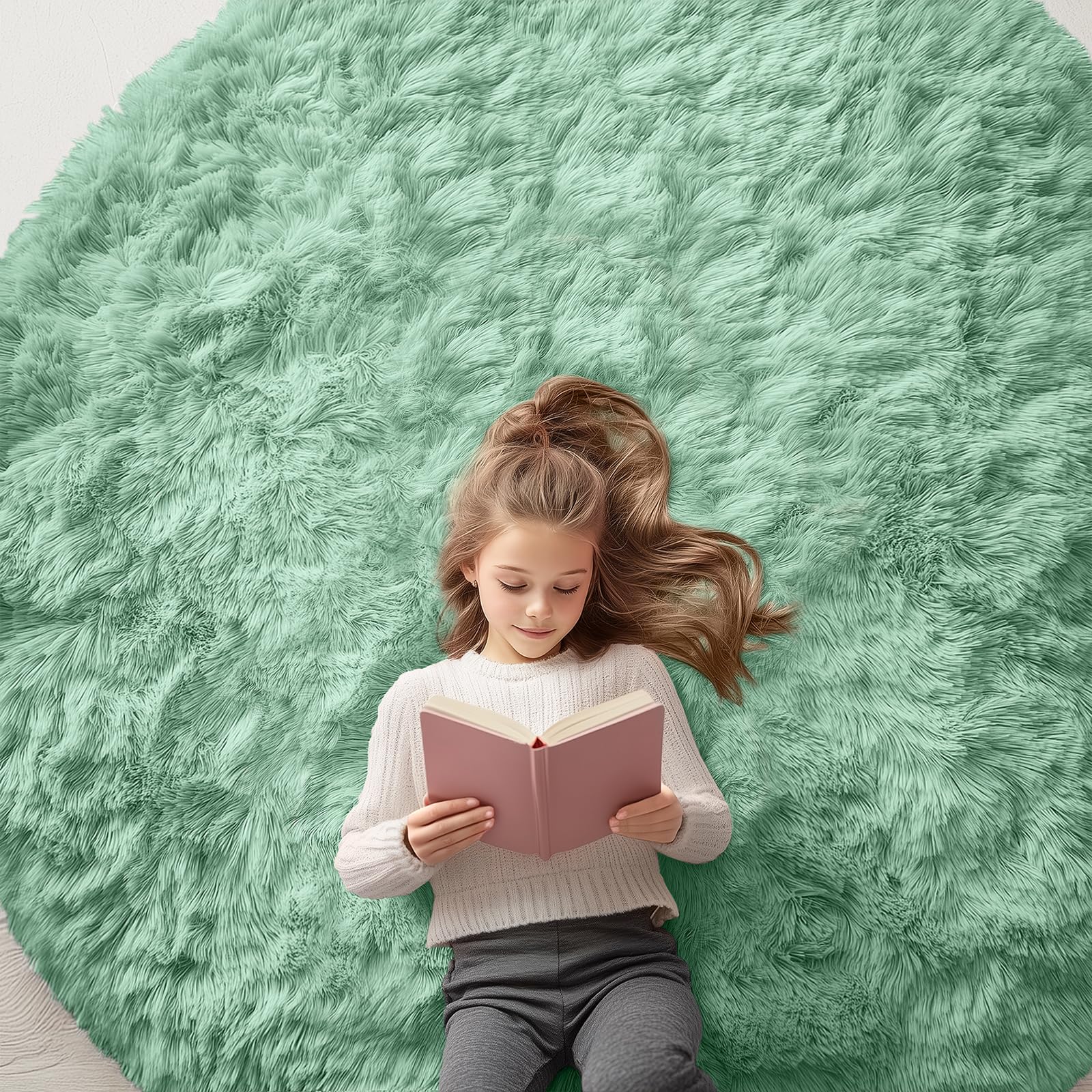 OLANLY Mint Green Round Rugs for Bedroom - Machine Washable, 6 ft Circle Area Rugs for Living Room, Soft and Fluffy Shaggy Carpet for Teen Girls and Boys, Nursery Rooms, Dorms, Home Decor Aesthetic