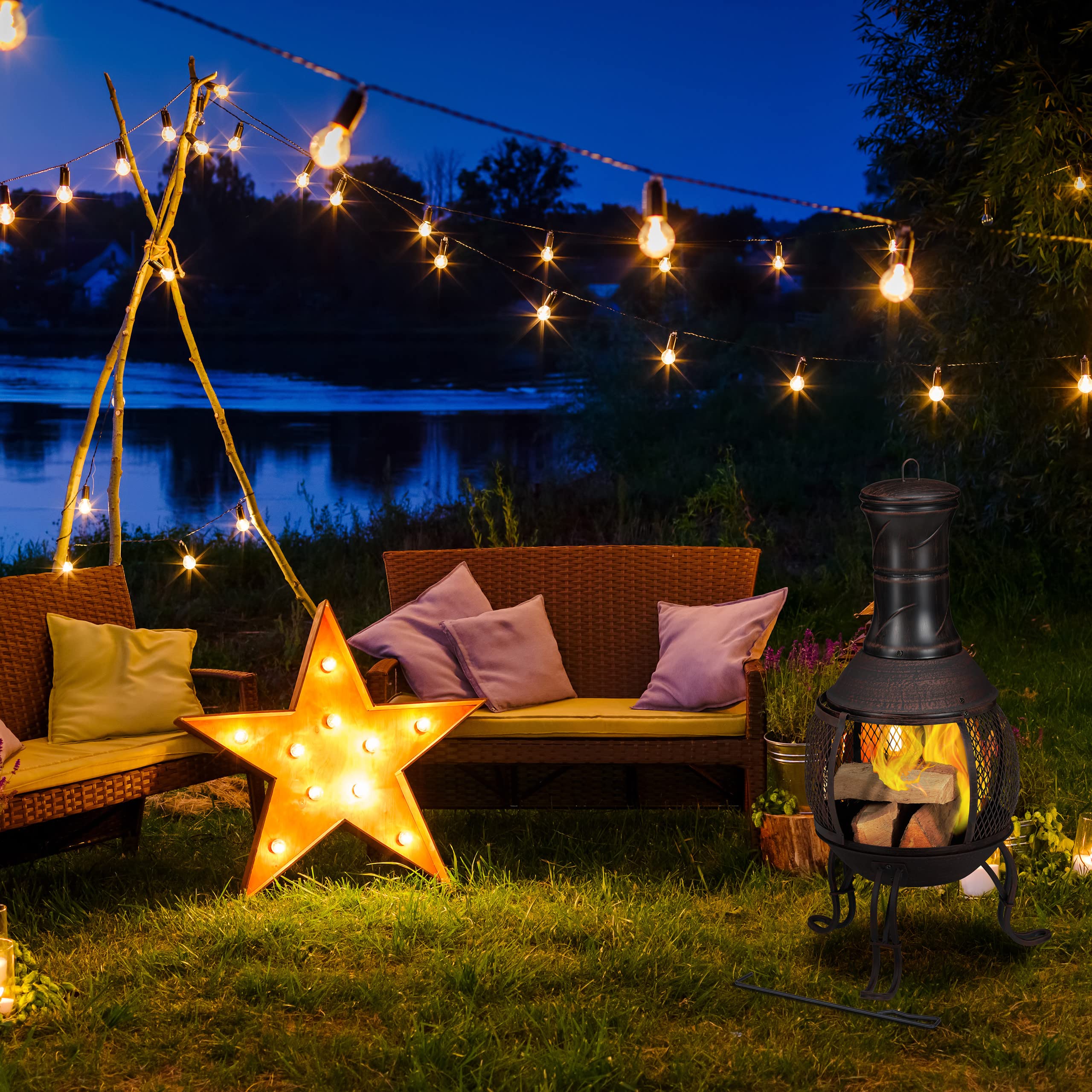 Relaxdays Terrassenofen, Stahl & Gusseisen, HxD: 88 x 36 cm, Gartenkamin Funkenschutz, Chiminea, Aztekenofen, rot/Bronze