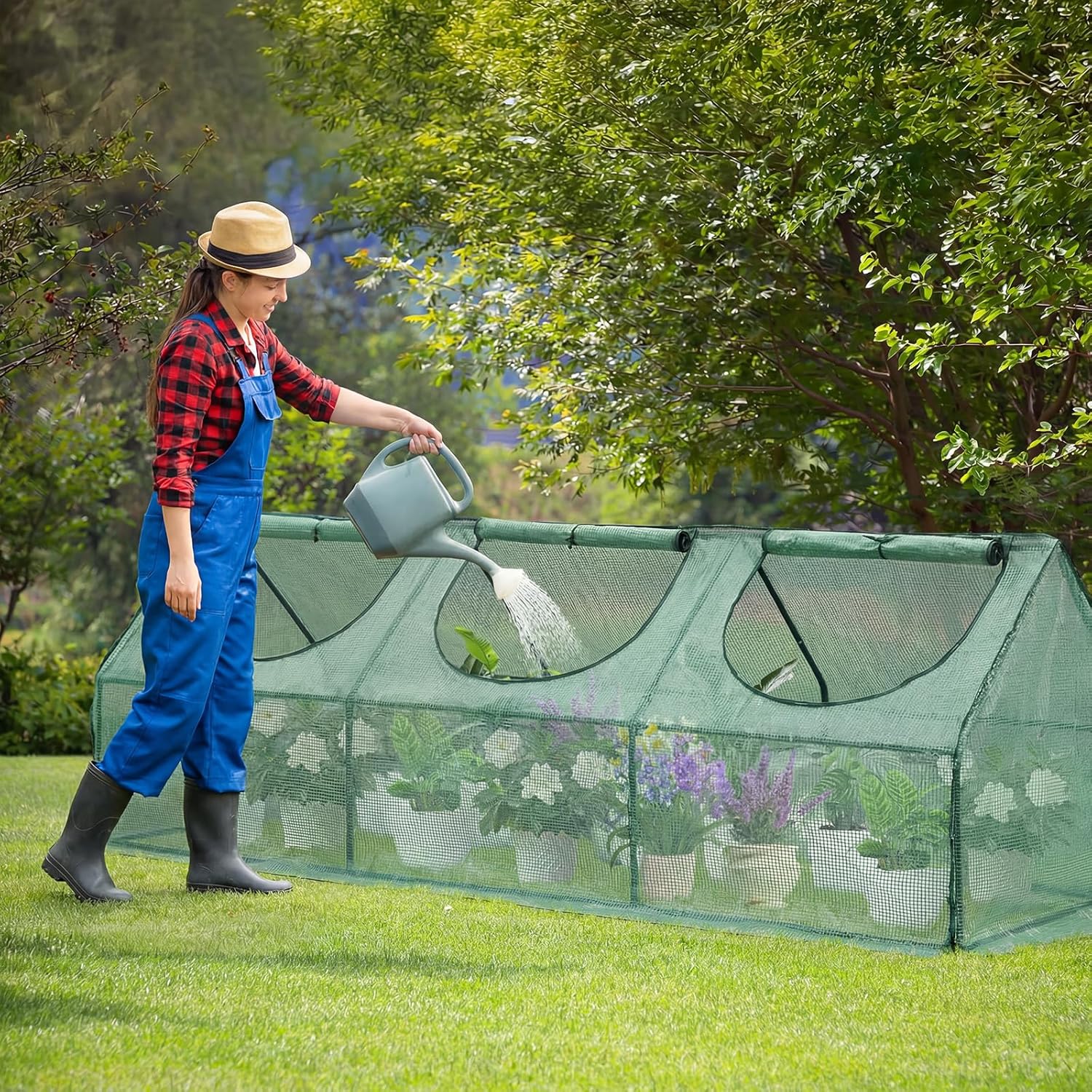Aoodor 9 x 3 x 3 ft Mini Greenhouse with 3 Zipper Doors, Water-Resistant, UV-Protected for Flowers, Vegetables, and Herbs, Green