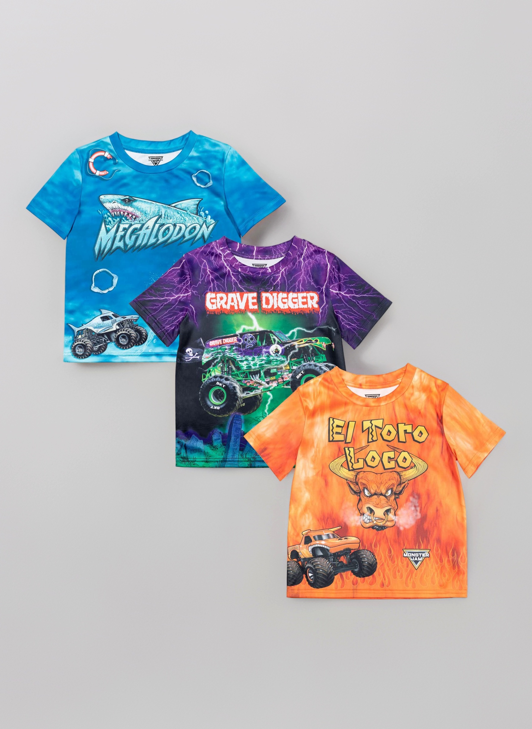 3 Pack Toddler to Big Boys Grave Digger El Toro Loco Megalodon T Shirts