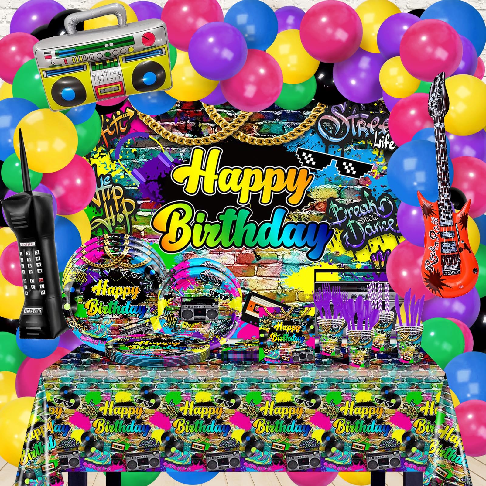 Lecheme 80s Birthday Decorations 280 PCS Back to The 80s 90s Backdrop Balloons Hip Hop Plates Napkins Cups Party Supplies Serve 24 Decades Party