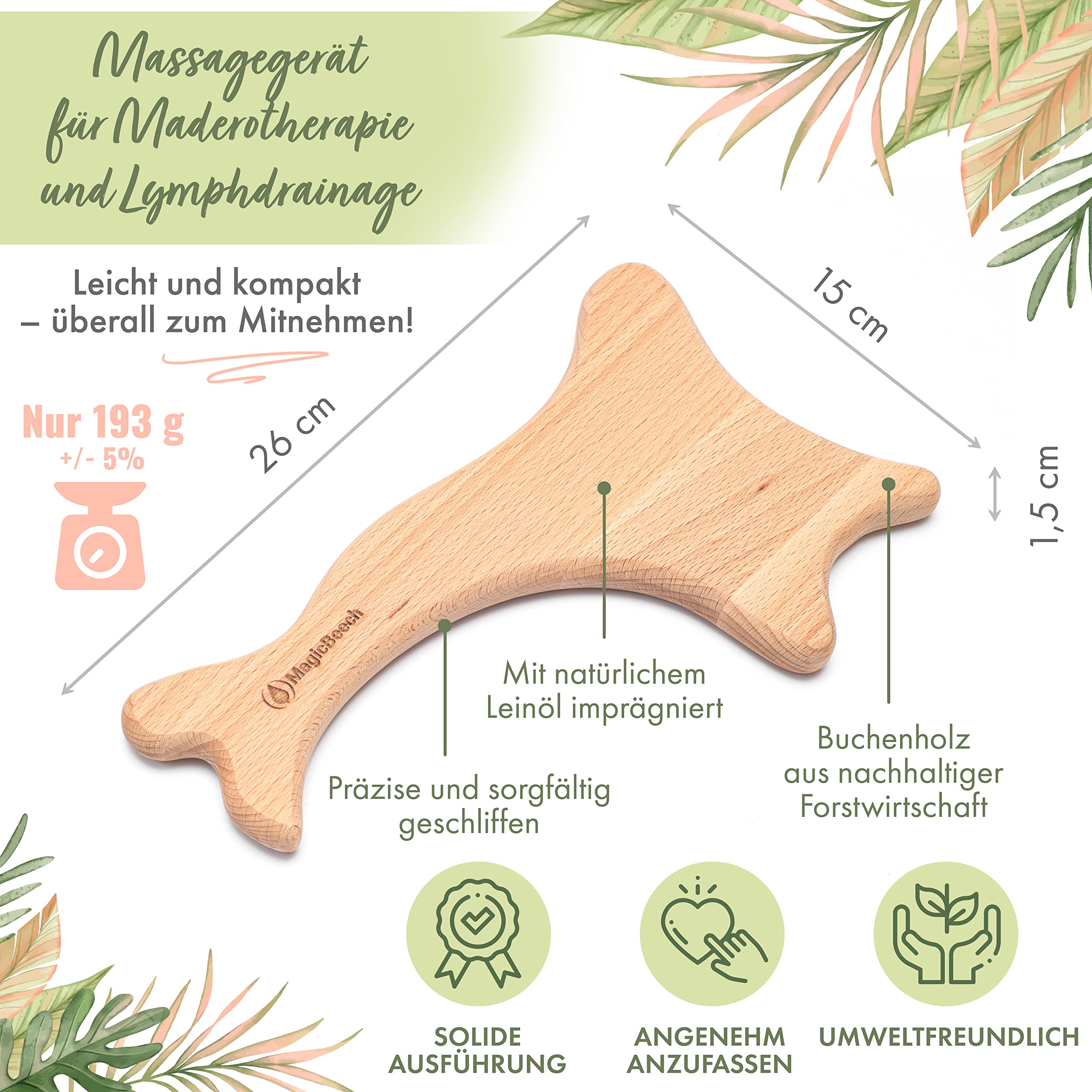 Massage-Paddel für Maderotherapie und Lymphdrainage, aus geöltem Buchenholz, Massagegerät gegen Cellulite, 15 x 26 cm, 193 g