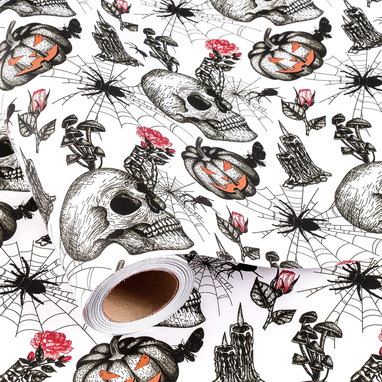Burymento Halloween Wrapping Paper Roll, Vintage Gothic Skull & Pumpkin Gift Wrap, Spooky Floral Spider Web Paper for Gothic Birthday, Party Decor & DIY Craft (Mini Roll, 17 In x 16.5 Ft)