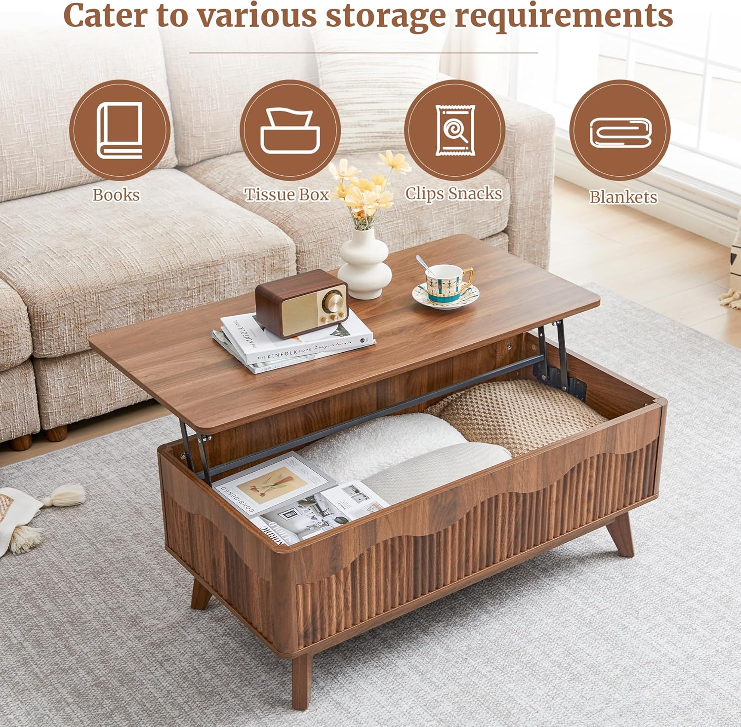 BERRYMERRY Lift Top Coffee Table with Hidden Storage, Farmhouse Fluted Coffee Table with Wave Profile, Rising Top Rectangular Center Table for Living Room (Walnut)